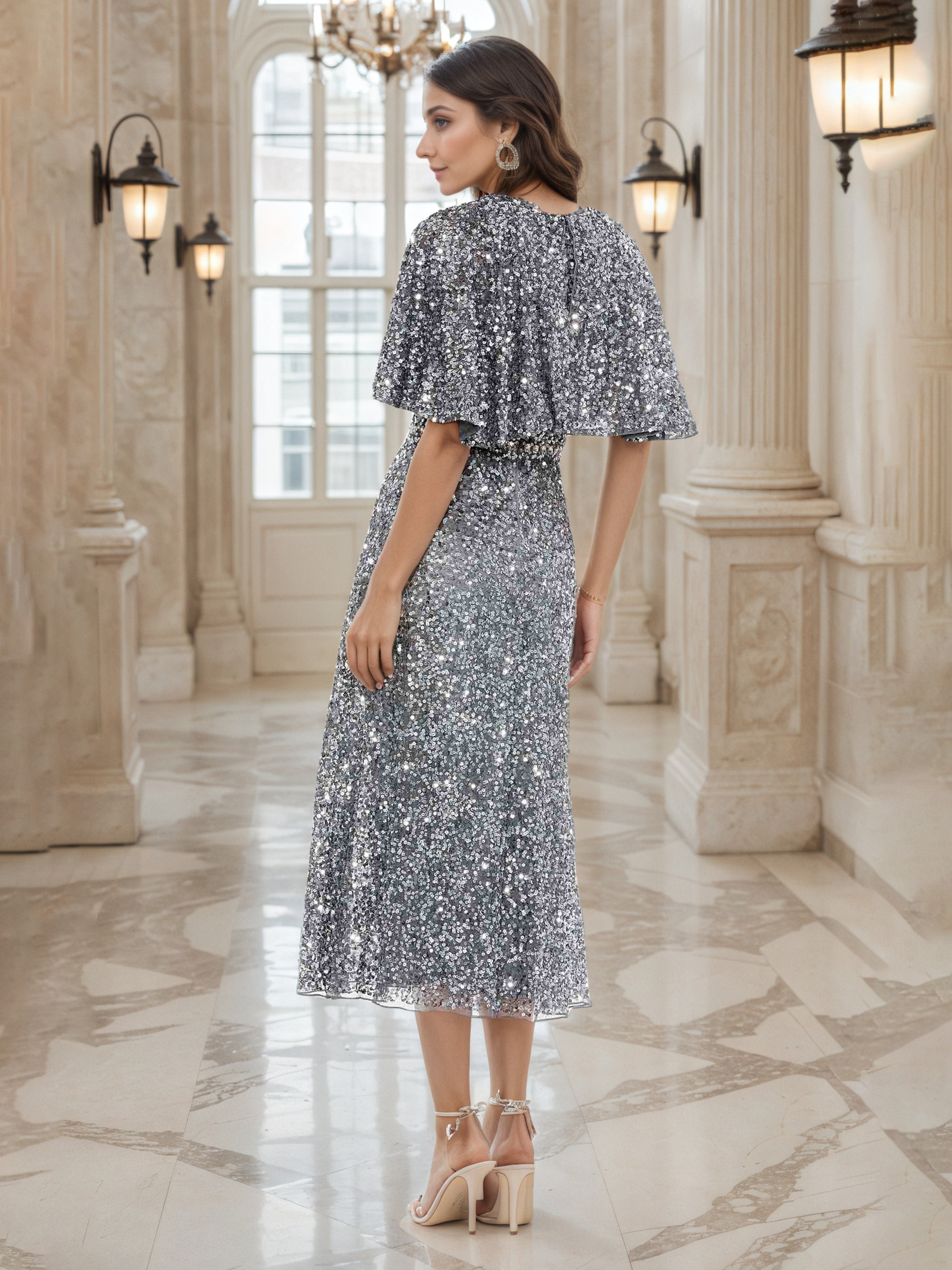 Robe de Soirée Mi-Longue Argenté En Paillettes Col ras du cou Trapèze Avec Demi-Manches à Volants