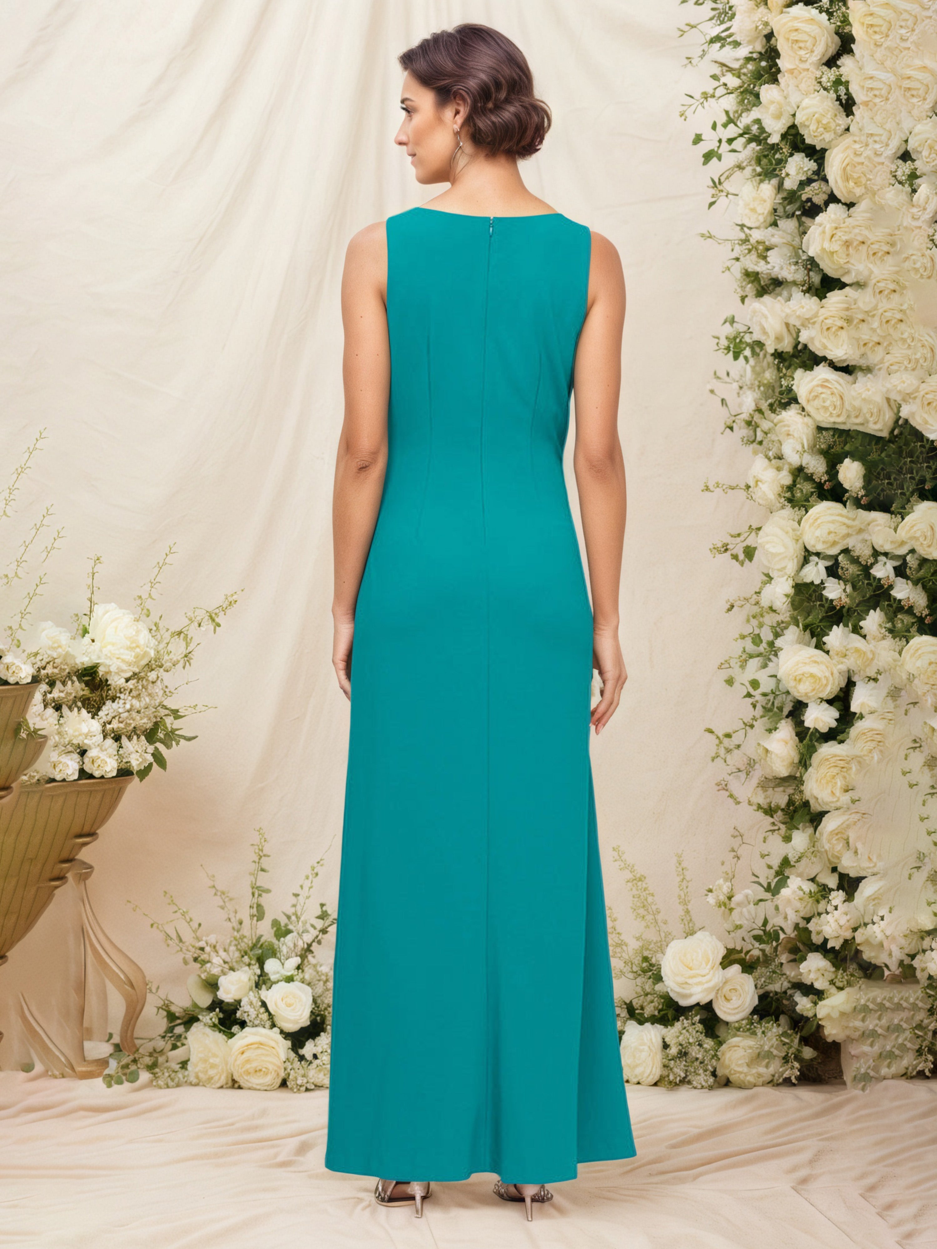 Robe Mère de la Mariée Jade Fourreau/Colonne Robe à Col ras du cou Sans Manches Ornée d’applications Florales et Plis