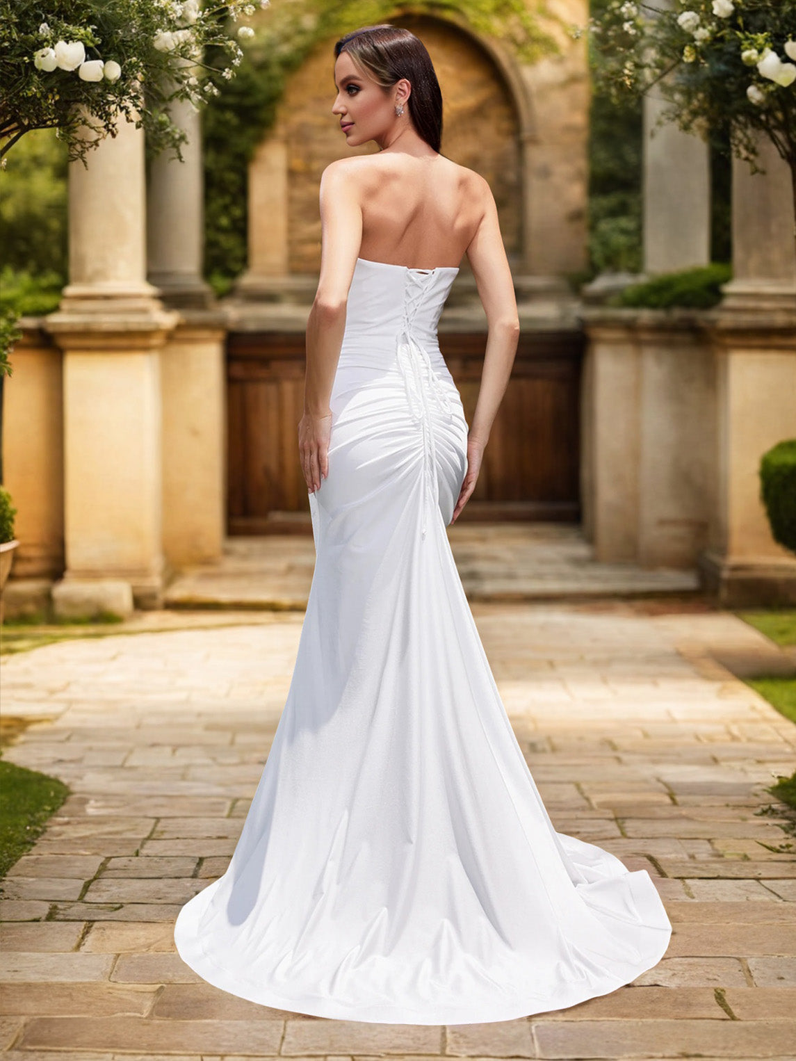 Col V Sans Manches Sirène Satin extensible Fourreau/Colonne Robe Mariage La plus Belle Robe de Mariage