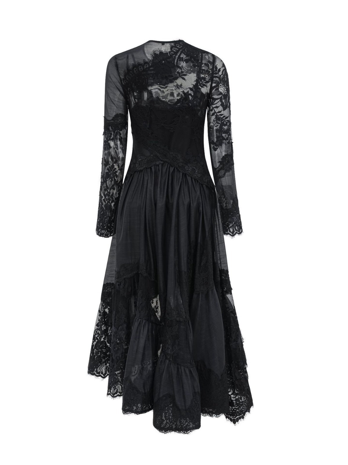 Robe Asymétrique Dentelle Col Rond Manches Longues Robe de Soirée en Noir