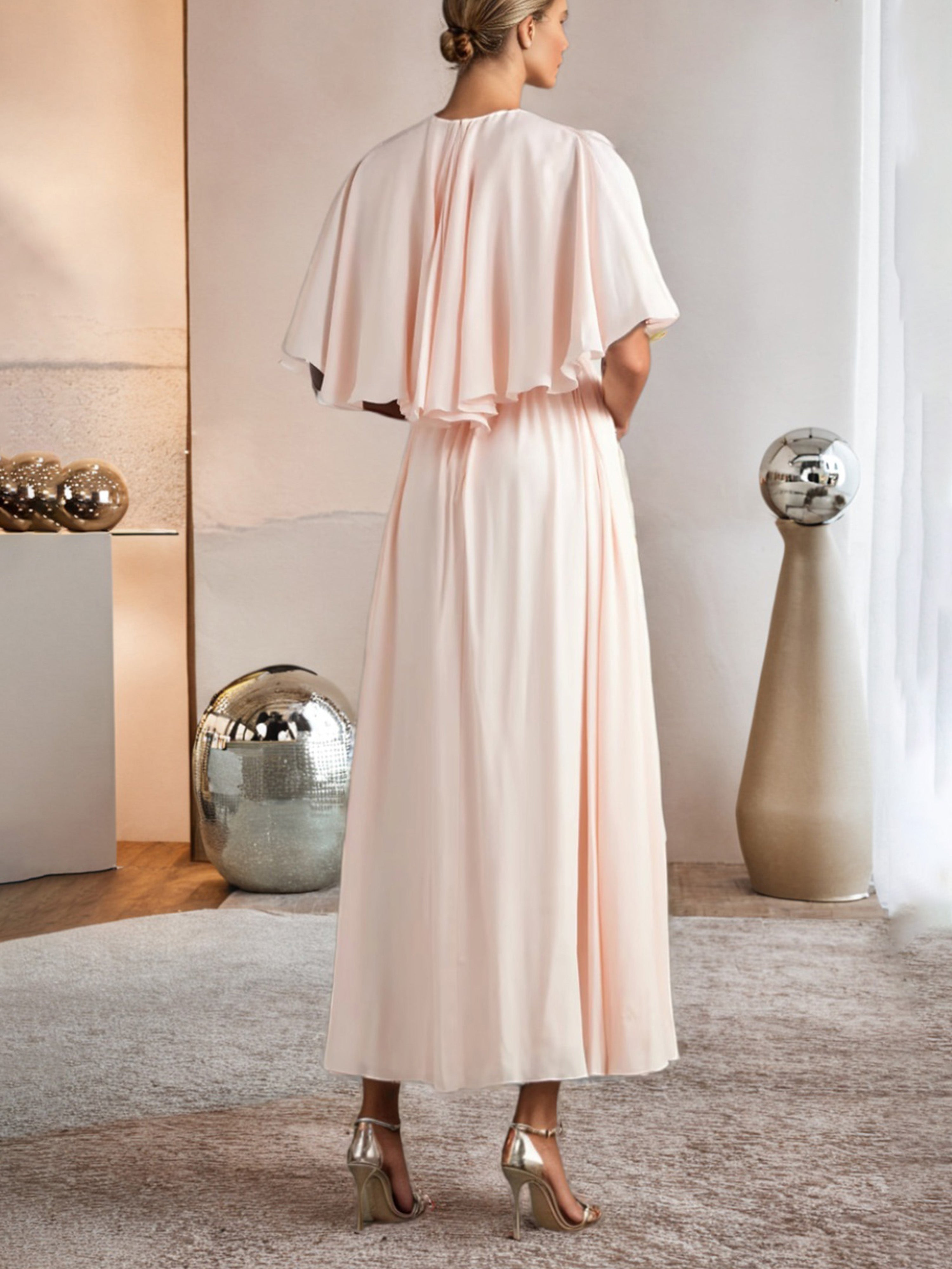 Robe de Soirée ROSE_PALE Trapèze Mousseline avec Manches Cape