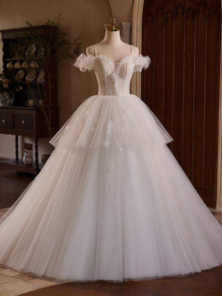 Robe de Mariée en Couches de Tulle à Bretelles Spaghetti et Épaules Dénudées Longueur Ras du Sol