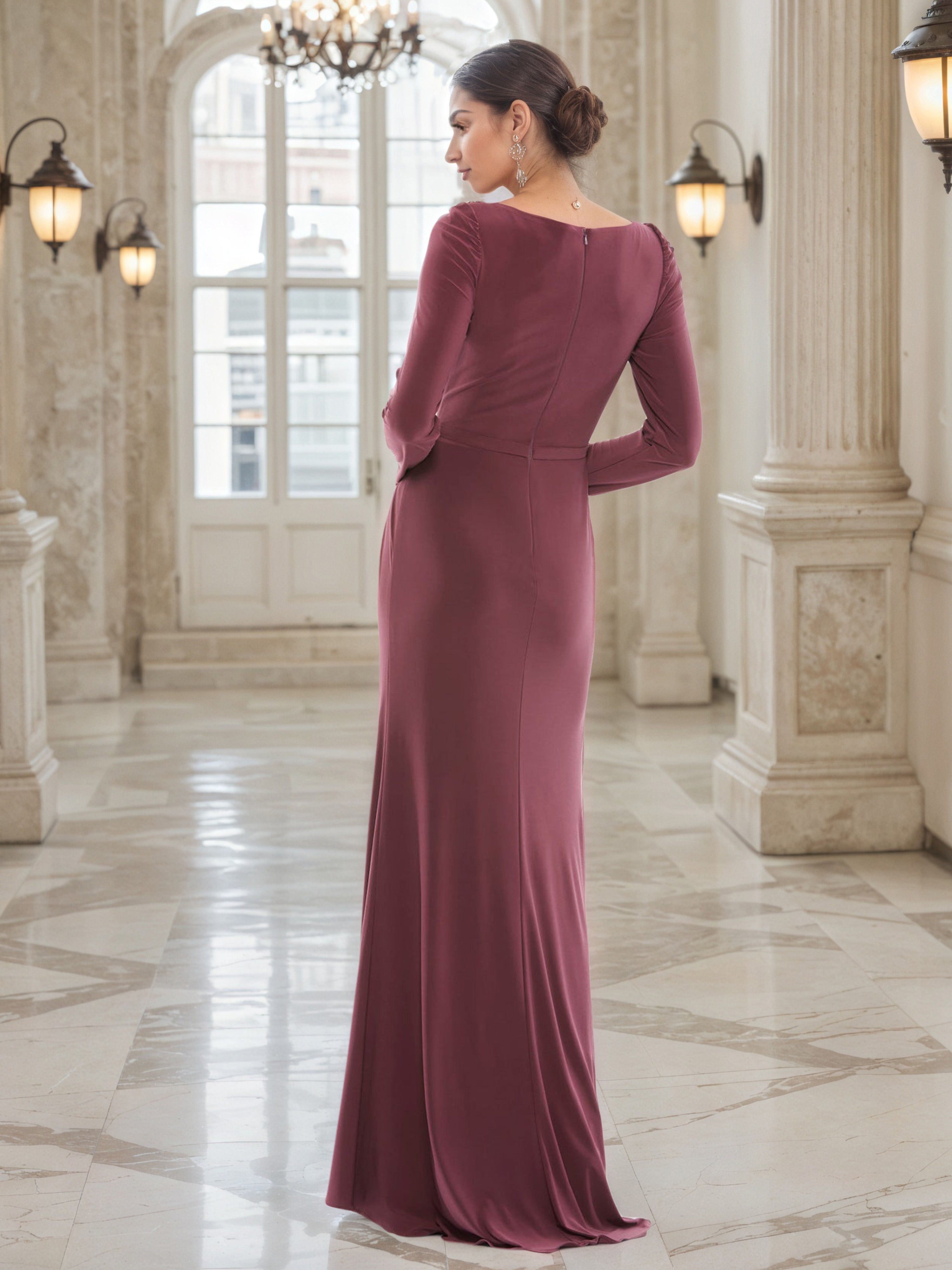Robe de Soirée ROSE_CANNELLE Col ras du cou Fourreau/Colonne à Manches Longues
