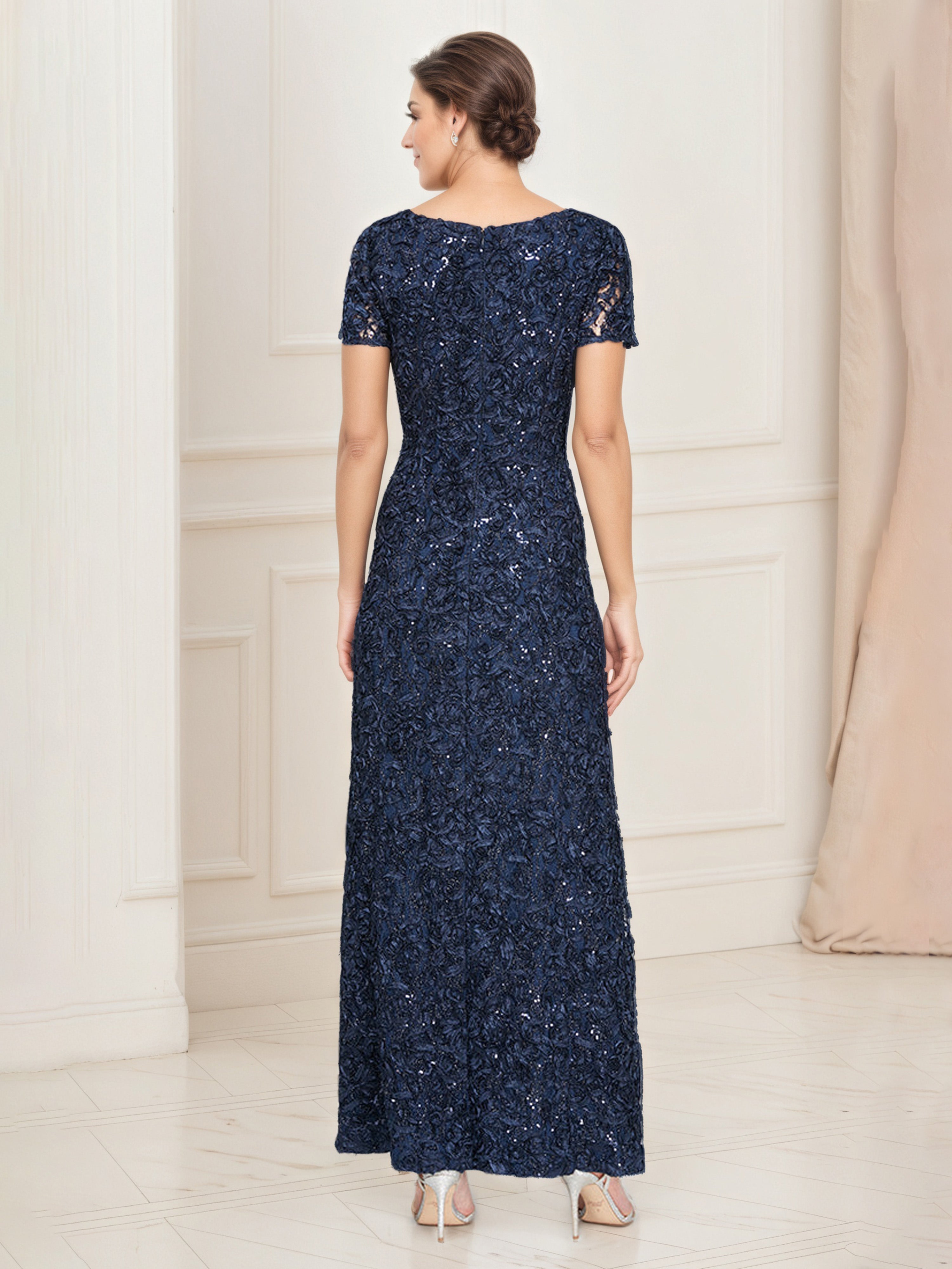 Robe Mere dela Mariee BLEU_MARINE Col Rond Robe à Paillettes et Dentelle Manches Courtes