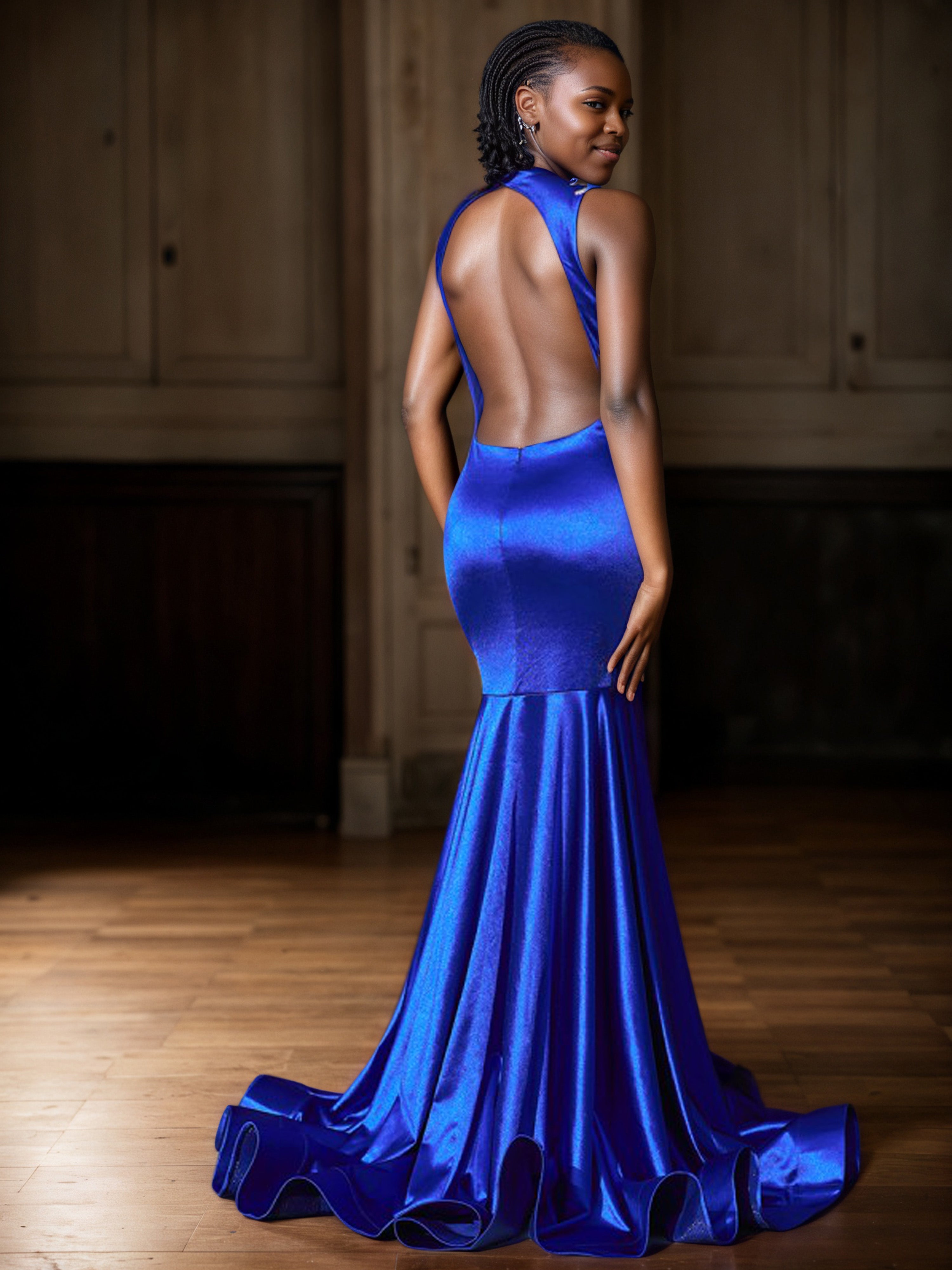 Robe de Soirée BLEU ROYALE illusion en Dentelle avec Applications Sirène Robe de Bal