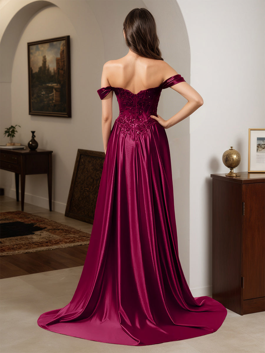 Cicinia Robe de Soirée Mûre Longue Fourreau Appliqués Dentelle Épaules Dénudées