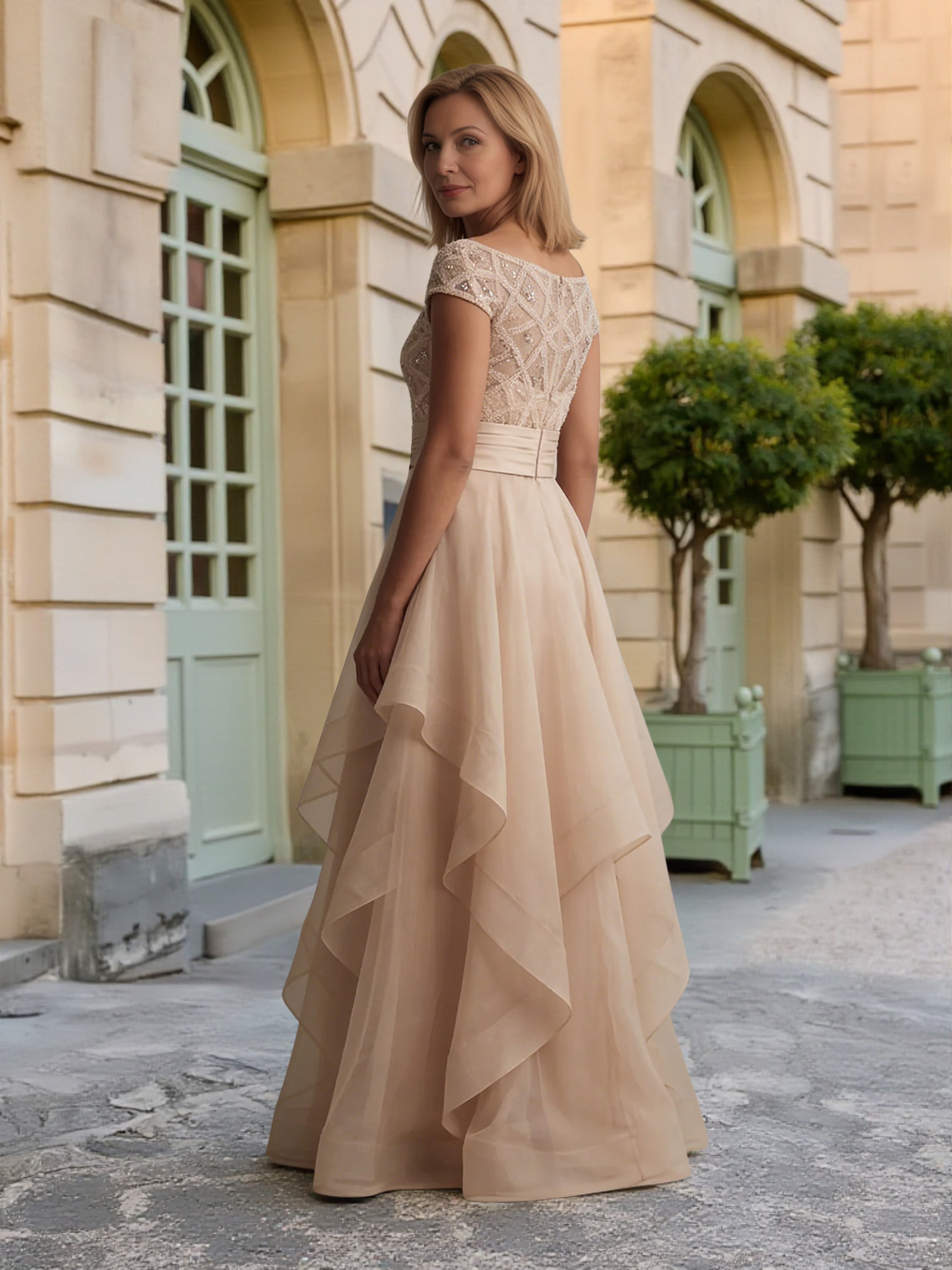 Cicinia Champagne Robe pour Mère de la Mariée Longue A-Line en Organza Épaules Dénudées à Volants Longueur Sol