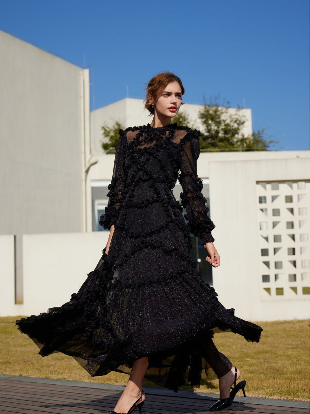 Robe Trapèze Empire Col Rond Manches Longues Robe de Soirée en Noir