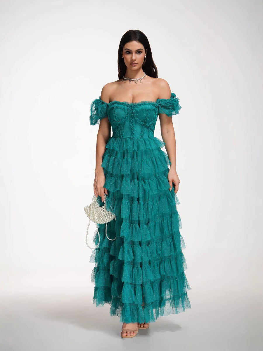 Robe Longue Trapèze Cache Cœur Manches Courtes Robe de Soirée en Paon