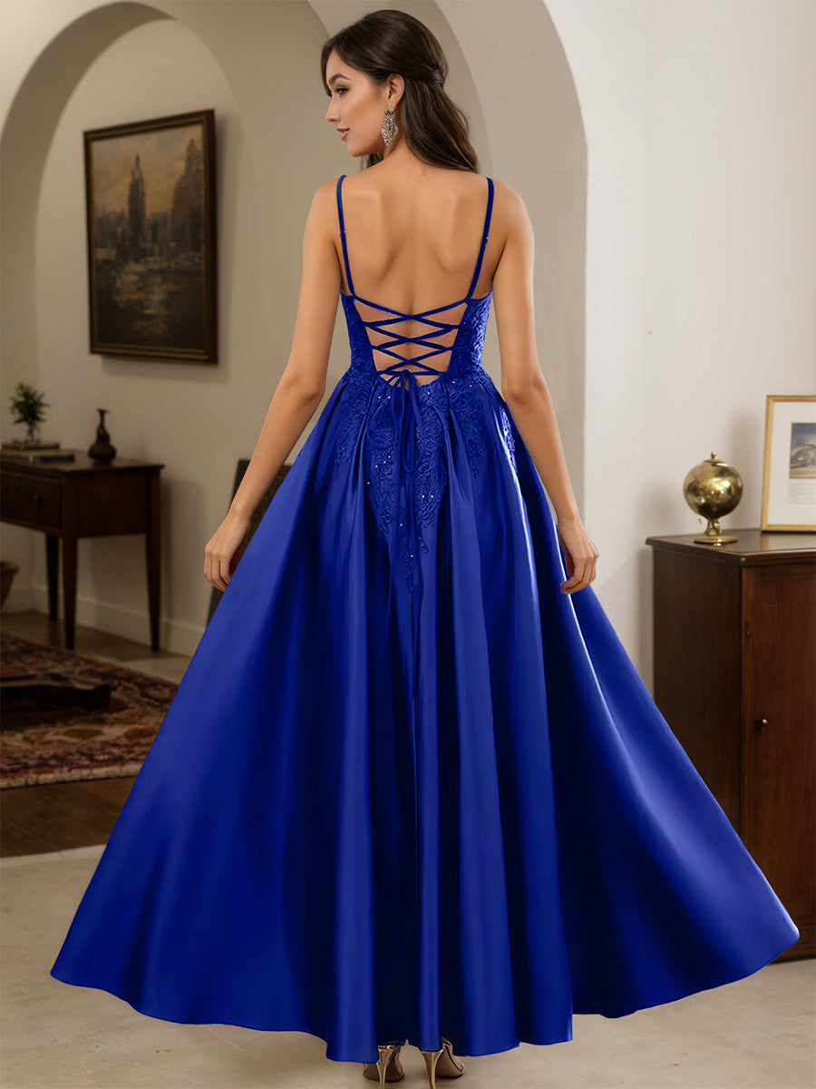 Cicinia Robe de Soirée BLEU ROYALE Longue A-Line en Satin Appliqués Dentelle Longueur Sol