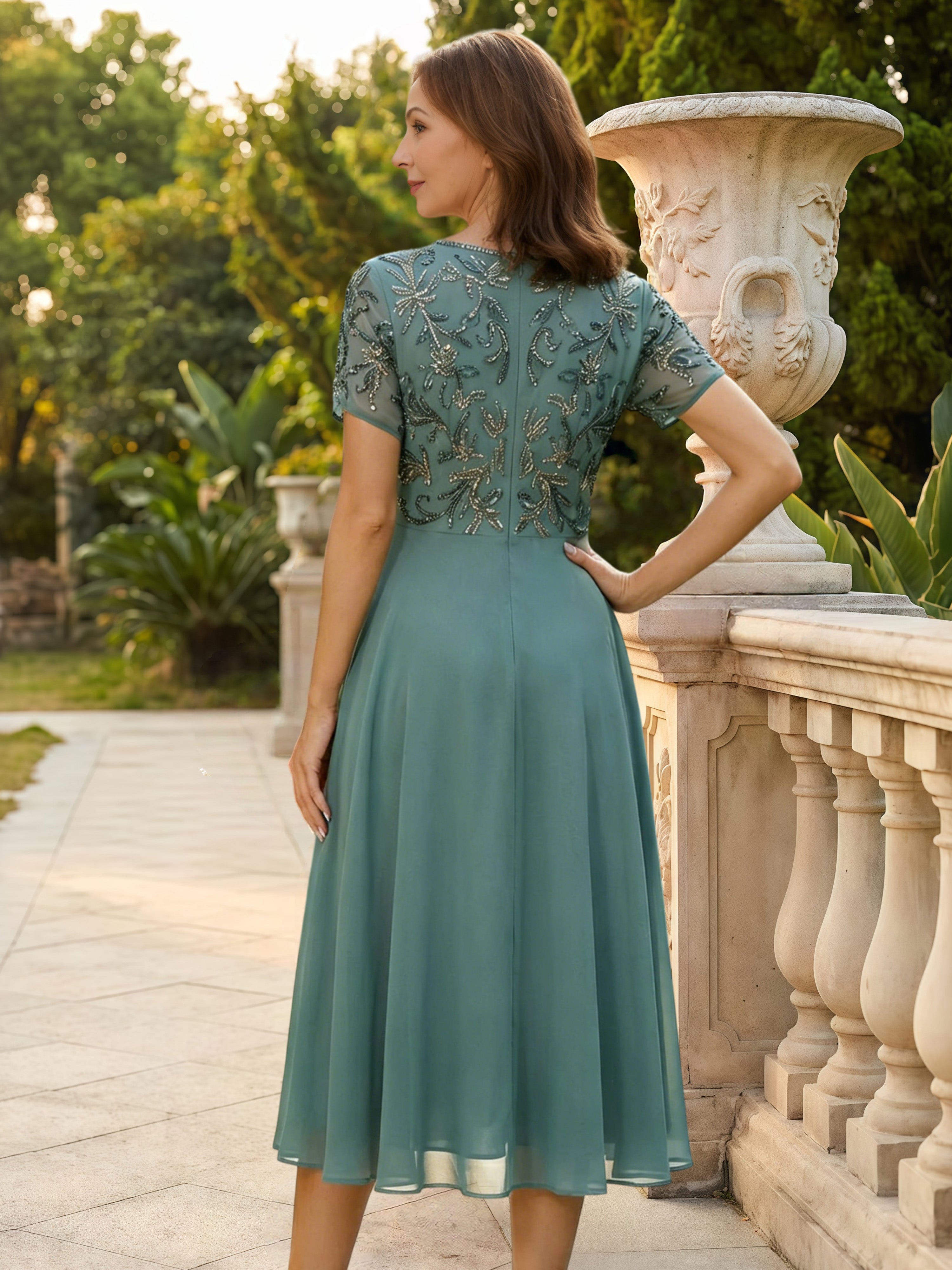 Cicinia Sarcelle Robe pour Mère de la Mariée Longue A-Line en Mousseline Dentelle Manches Courtes Décolleté en V Longueur Midi