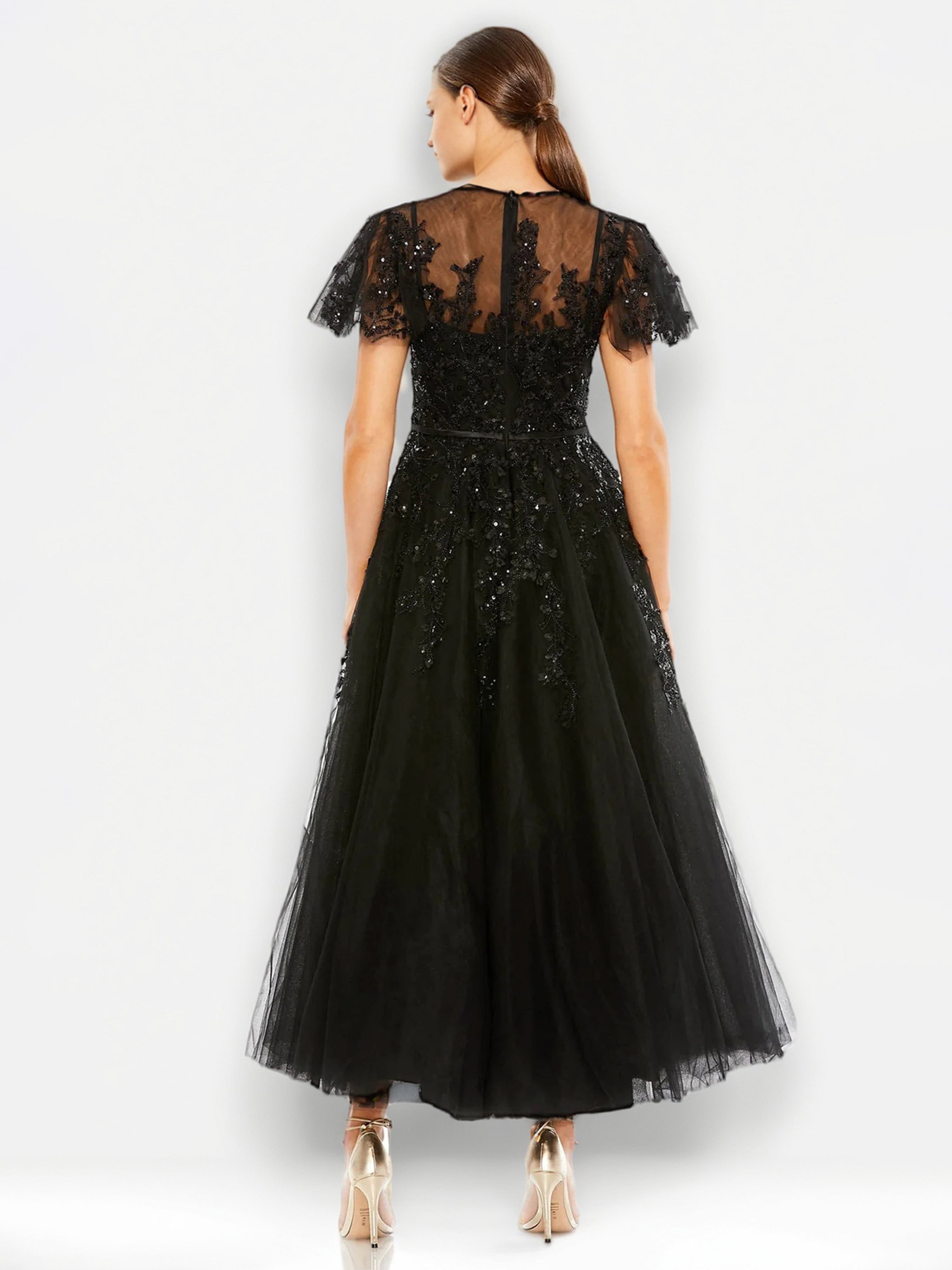 Col Rond Robe de Soirée Noir Mancherons Detelle et Tulle