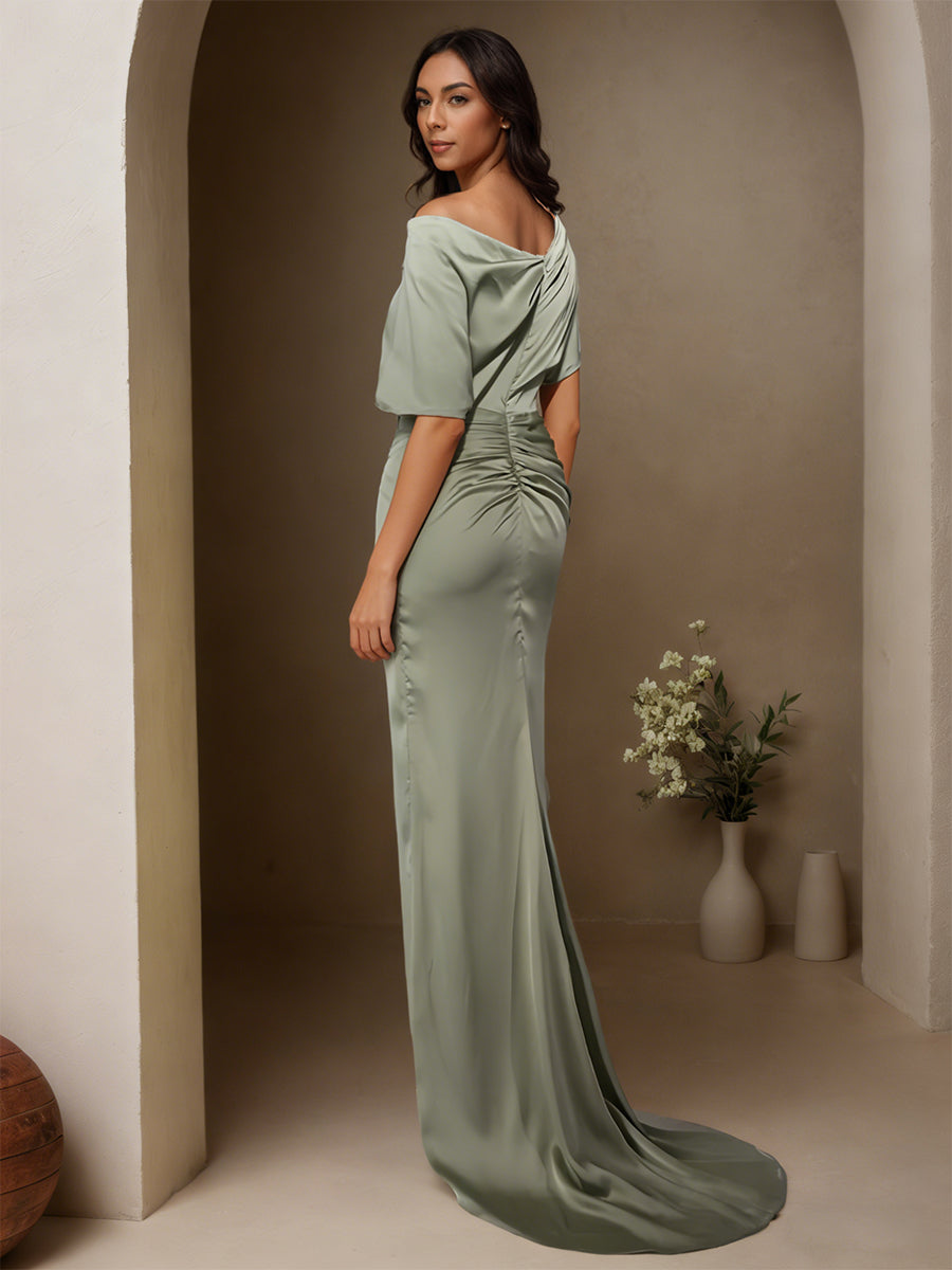 Cicinia Argent Robe de Soirée Longue en Satin Doux Fourreau Fente Seule Épaule Traîne Balayée