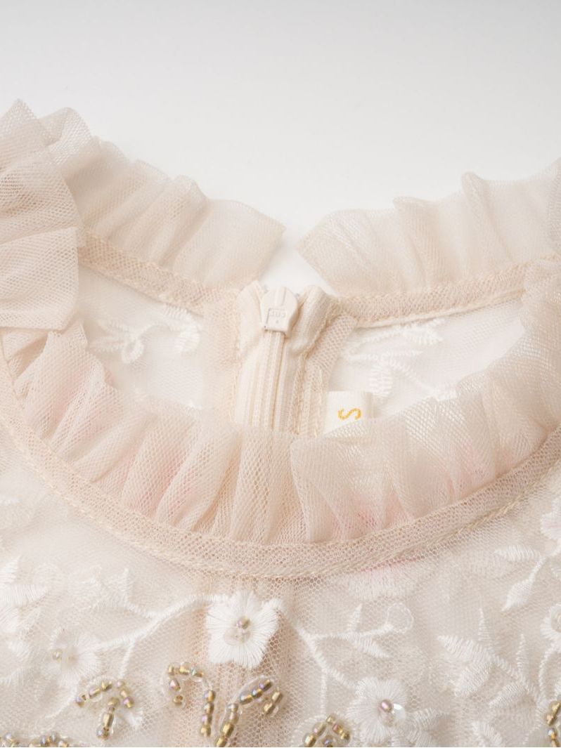 Robe en Tulle Brodée à Fleurs Manches 3/4 Robe de Soirée