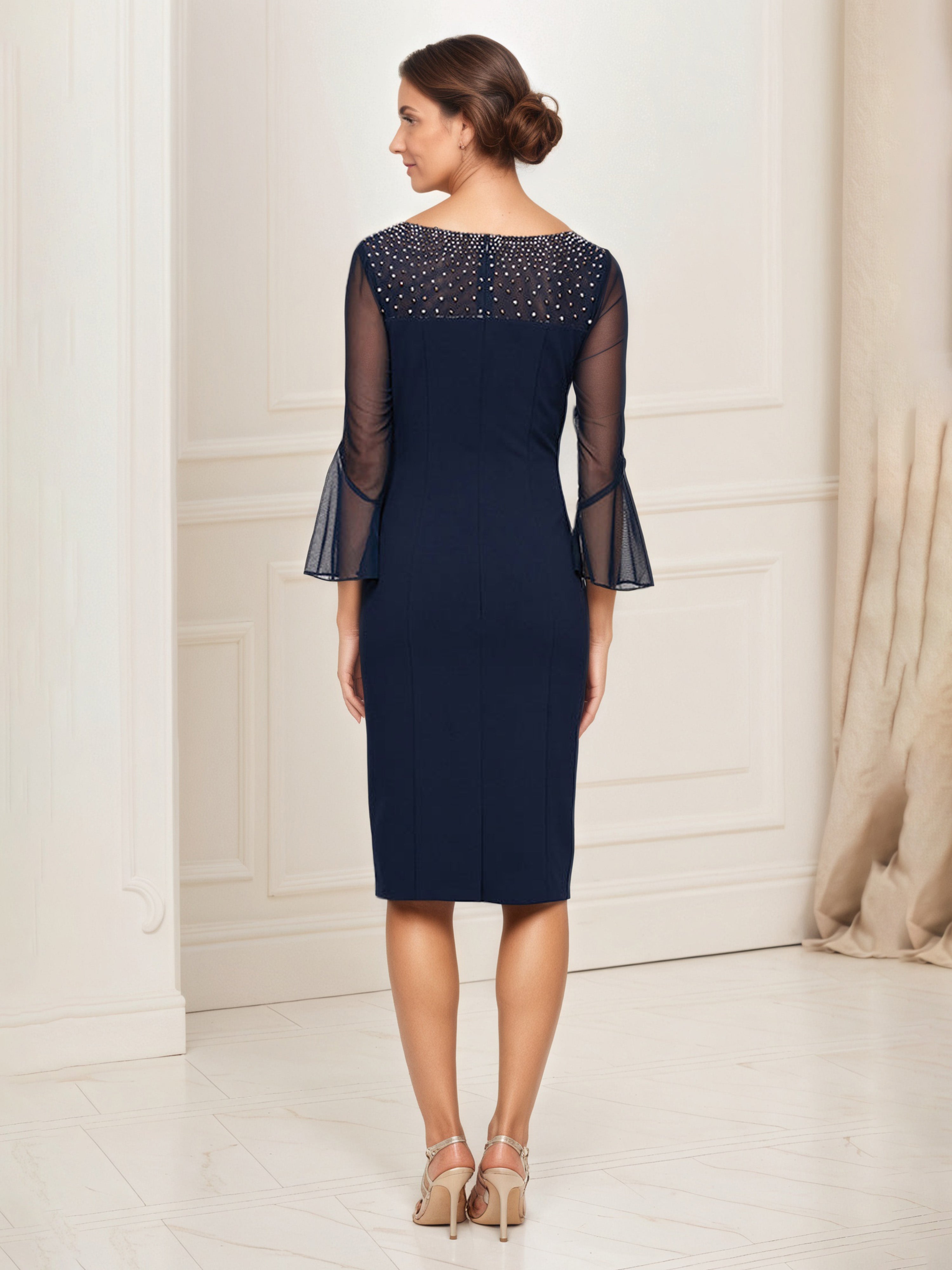 Robe Mère de la Mariée BLEU_MARINE Fourreau/Colonne Col Bateau en perles Manches illusion 3/4