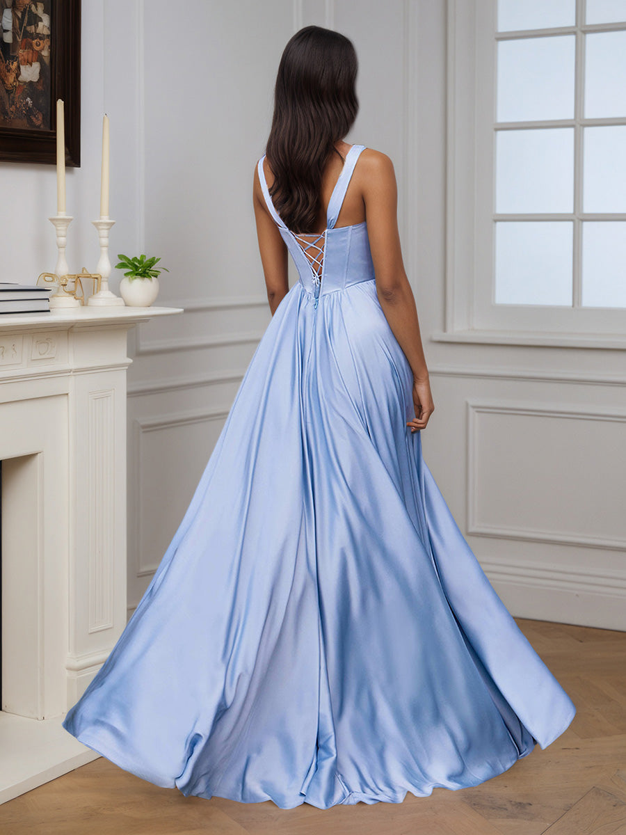 Cicinia Robe de Soirée Rose Longue en Satin Doux A-Line Décolleté en V