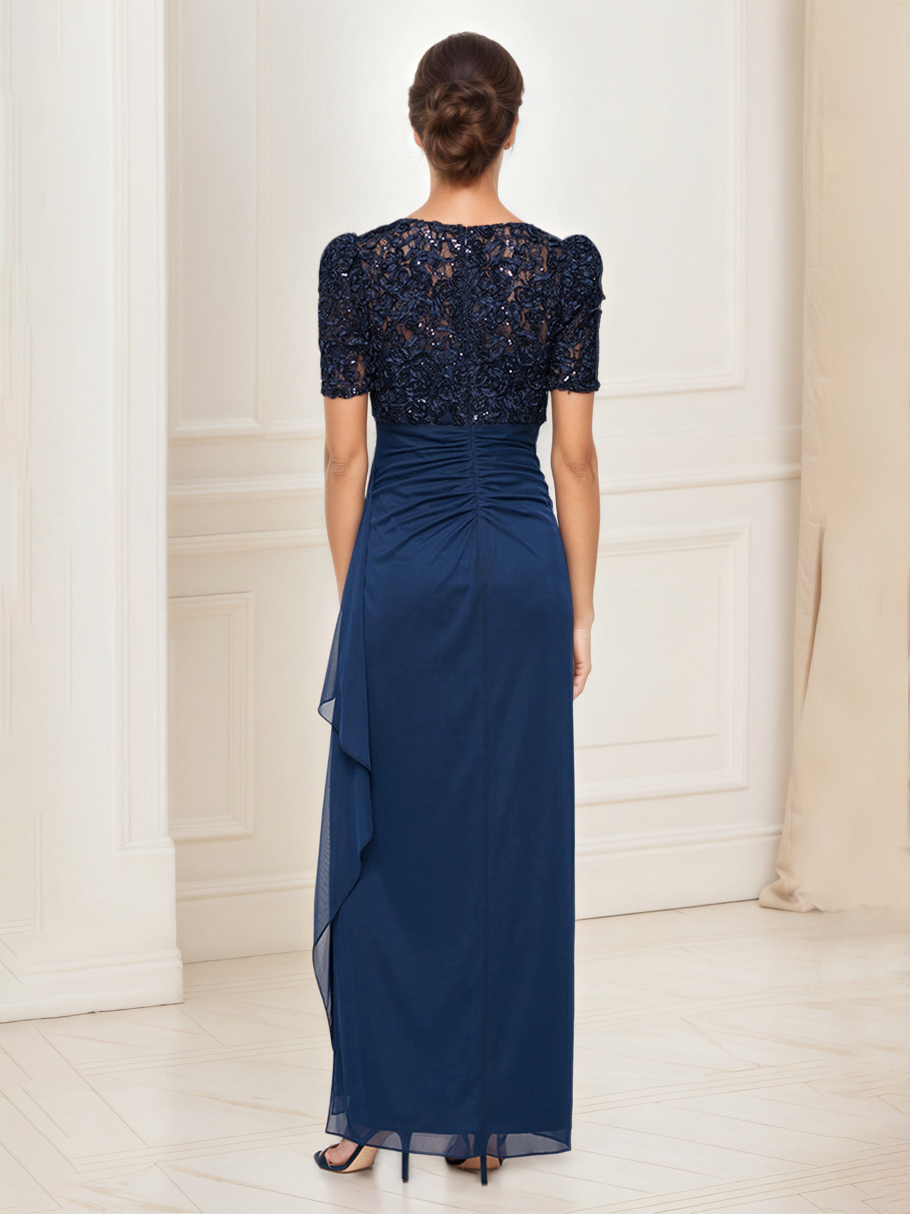 Robe Mere dela Mariee BLEU_MARINE Robe à Taille Empire Avec Paillettes Manches Bouffantes