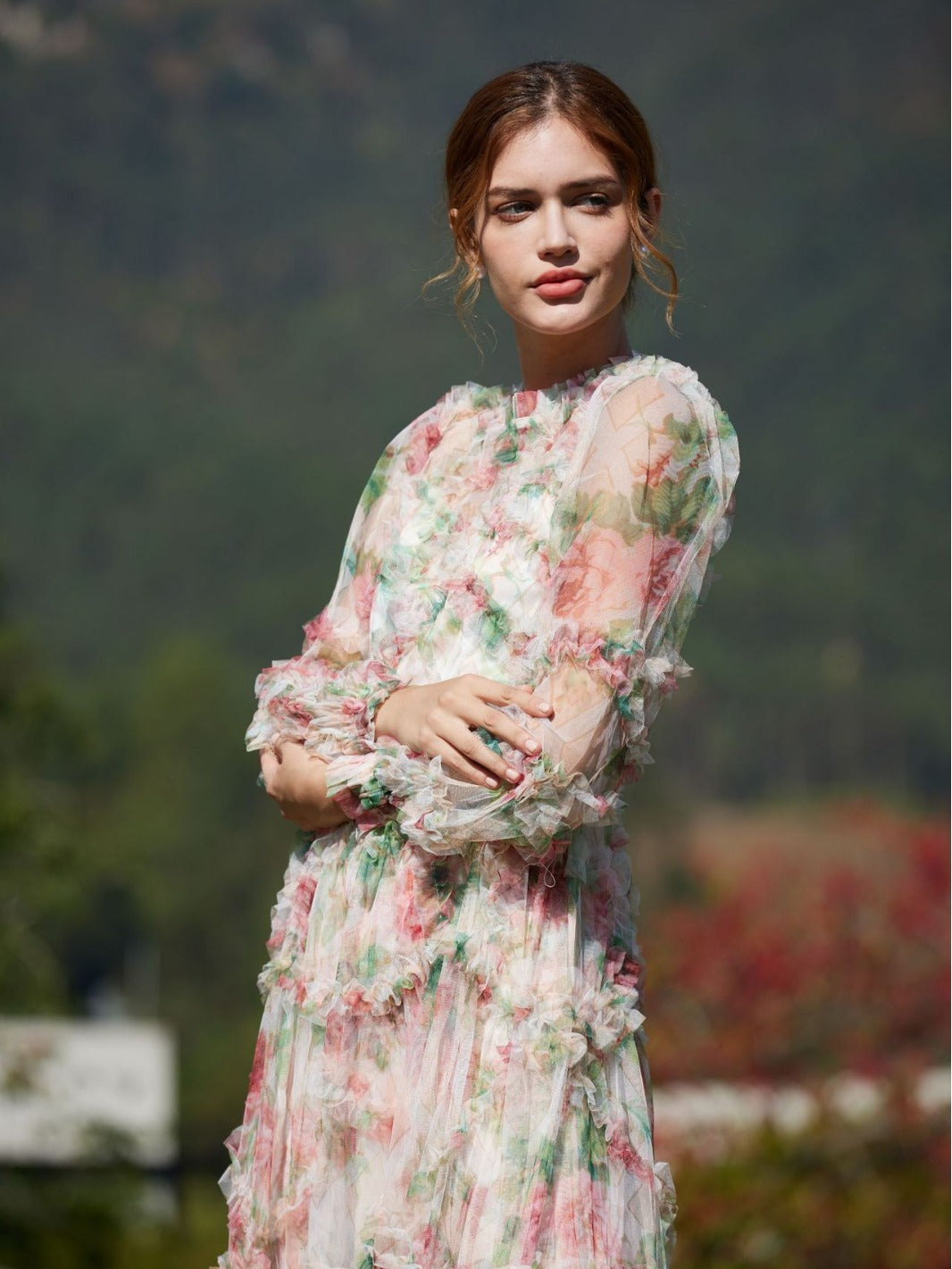 Robe Trapèze Col Rond à Volants Manches Longues Robe de Soirée en Abricot