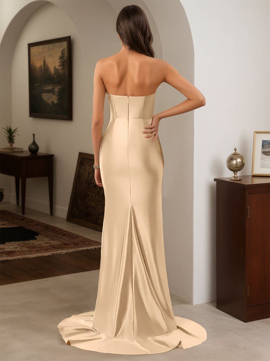 Cicinia Robe de Soirée CHAMPAGNE Longue Fourreau à Volants Décolleté Cœur avec Traîne Balayée
