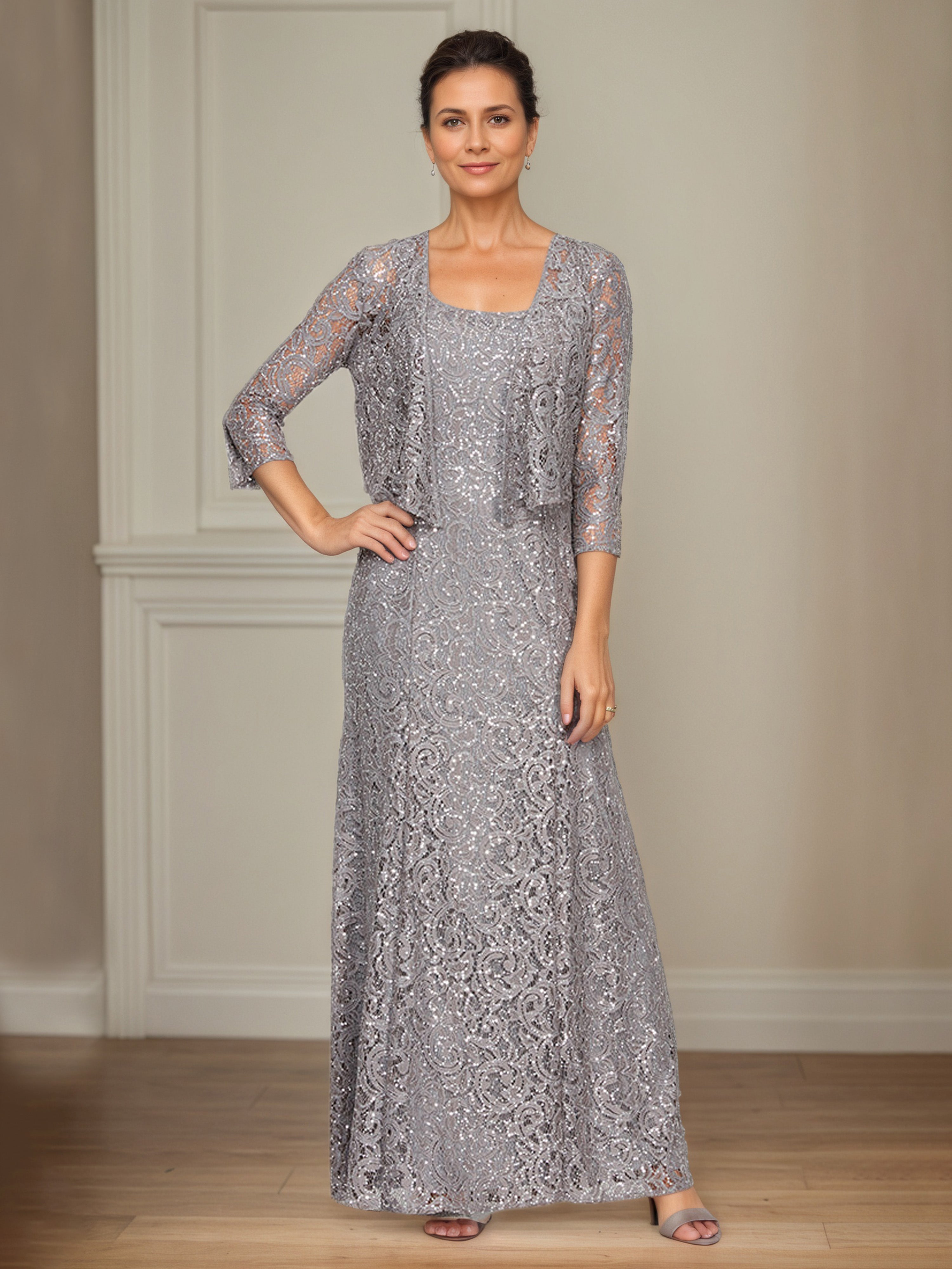 Robe Mère de la Mariée GRIS_ACIER Robe Trapèze en Dentelle à Paillettes Avec Veste Illusion à Manches 3/4