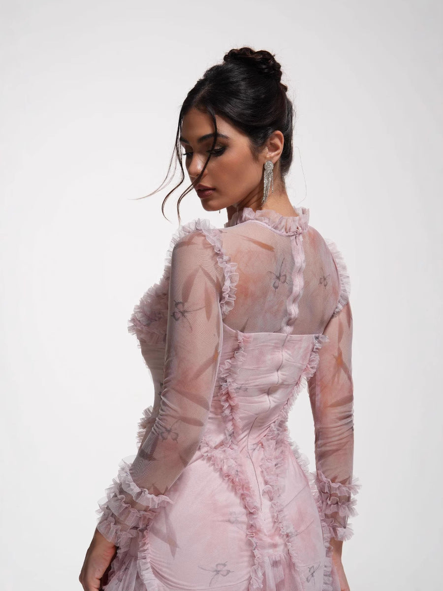 Robe Longue Sirène Col Roulé Mi-Haut à Volants Manches Longues Robe de Soirée