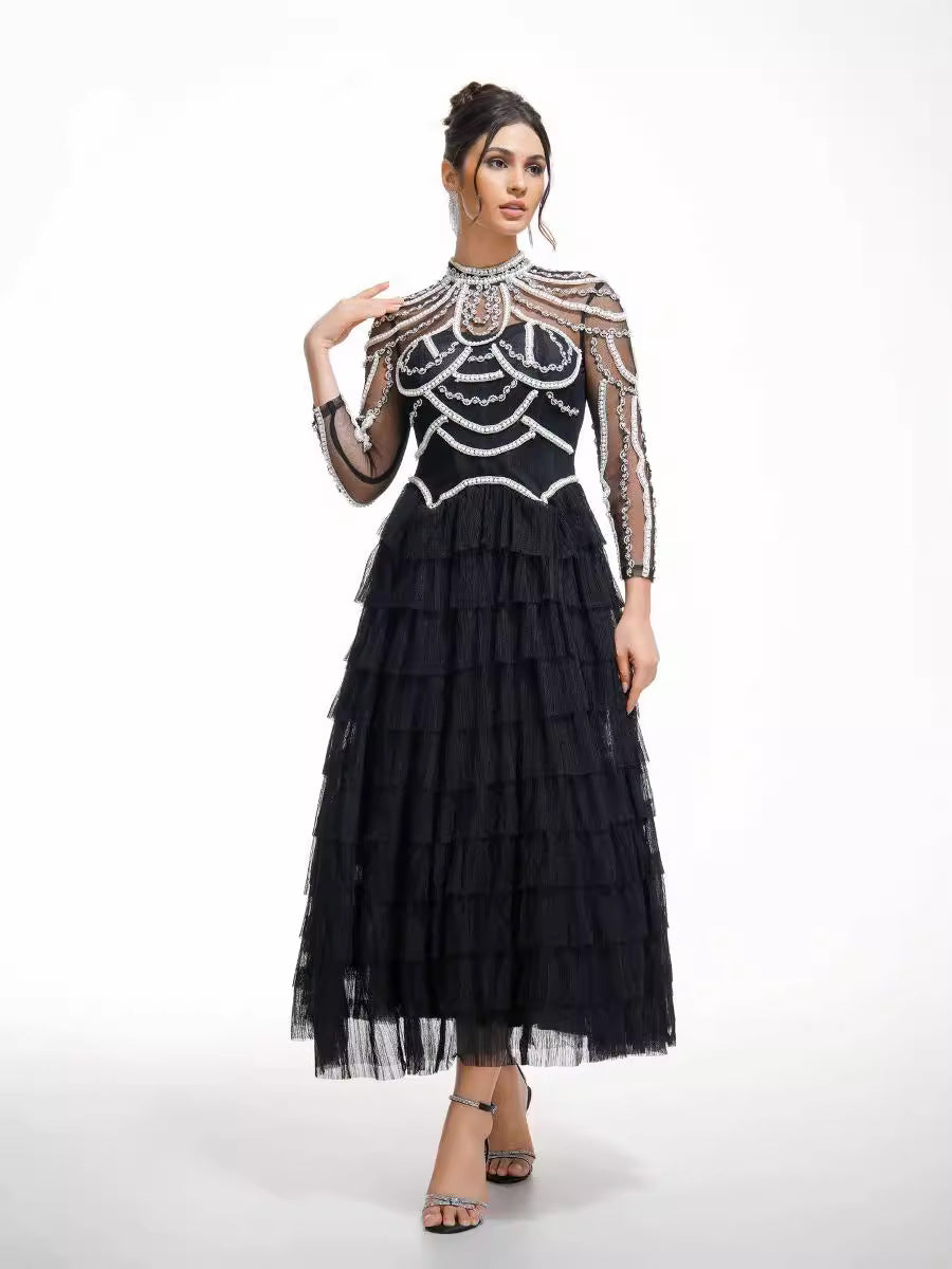 Robe Longue Trapèze Col Montant Manches Longues Robe de Soirée en Noir