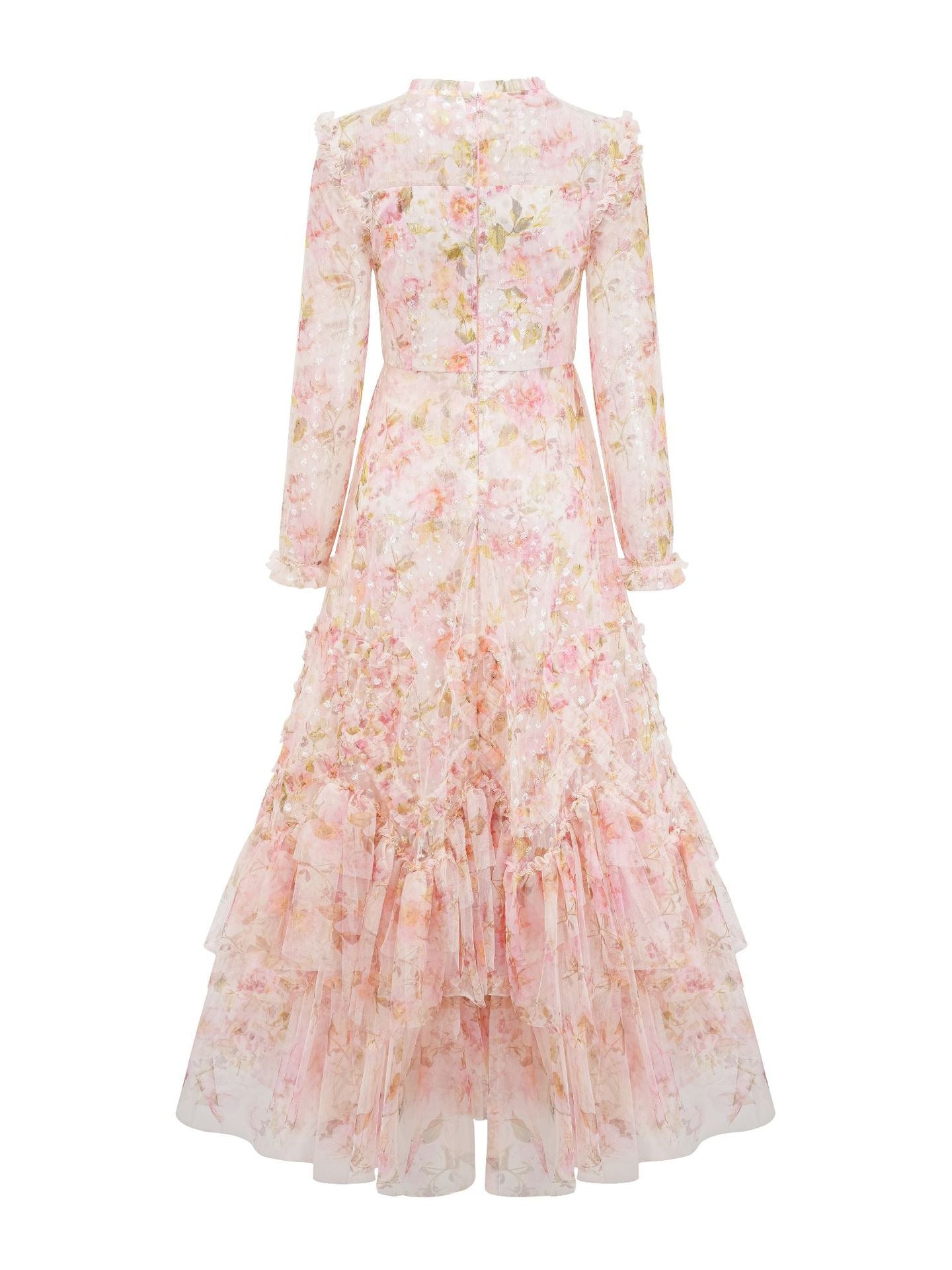 Robe Longue Paillettes Trapèze Col Rond Manches Longues Robe de Soirée en Rose Pâle Florale