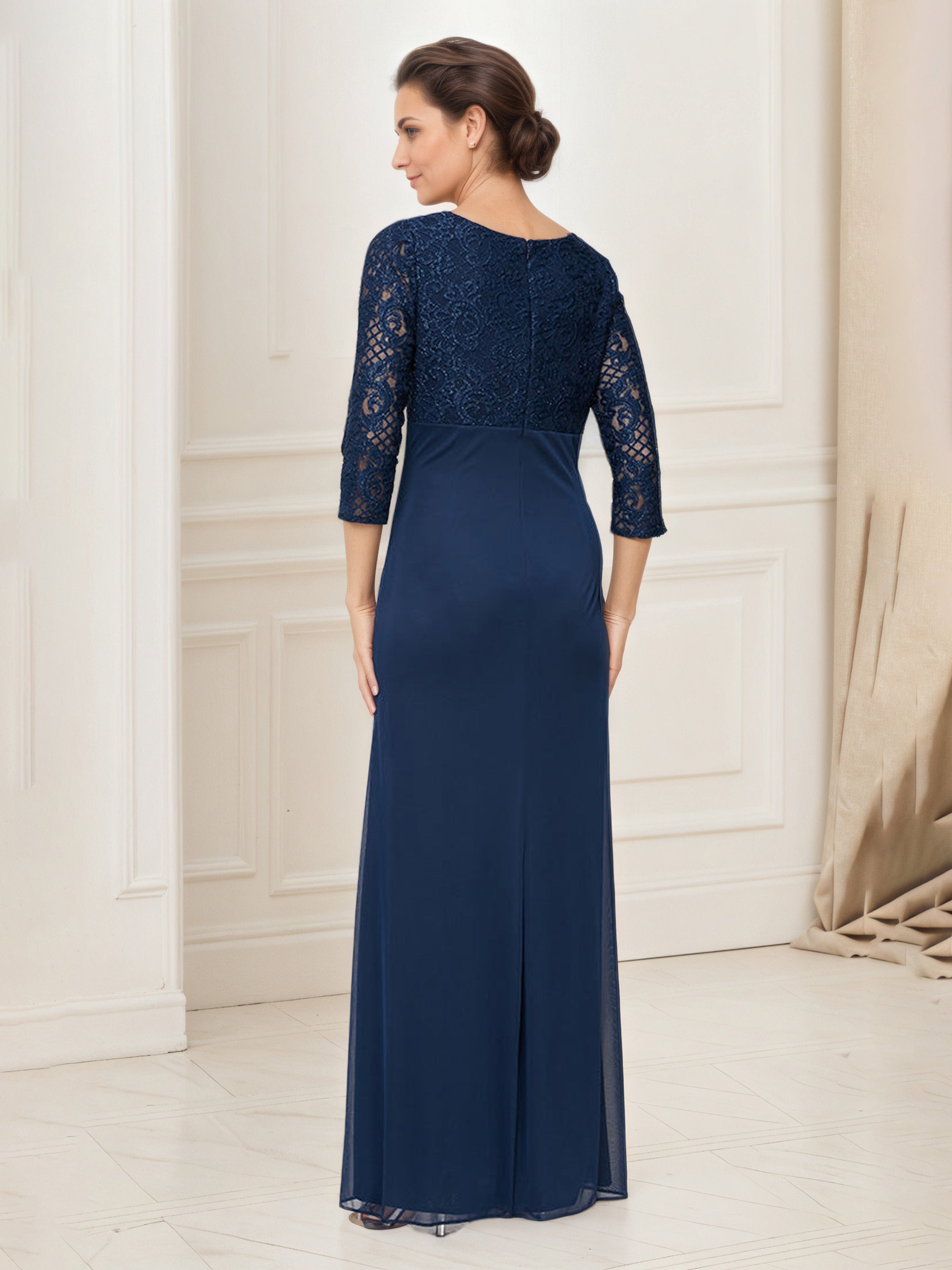 Robe Mere dela Mariee BLEU_MARINE Col V Illusion Robe Mousseline et Dentelle Manches 3/4