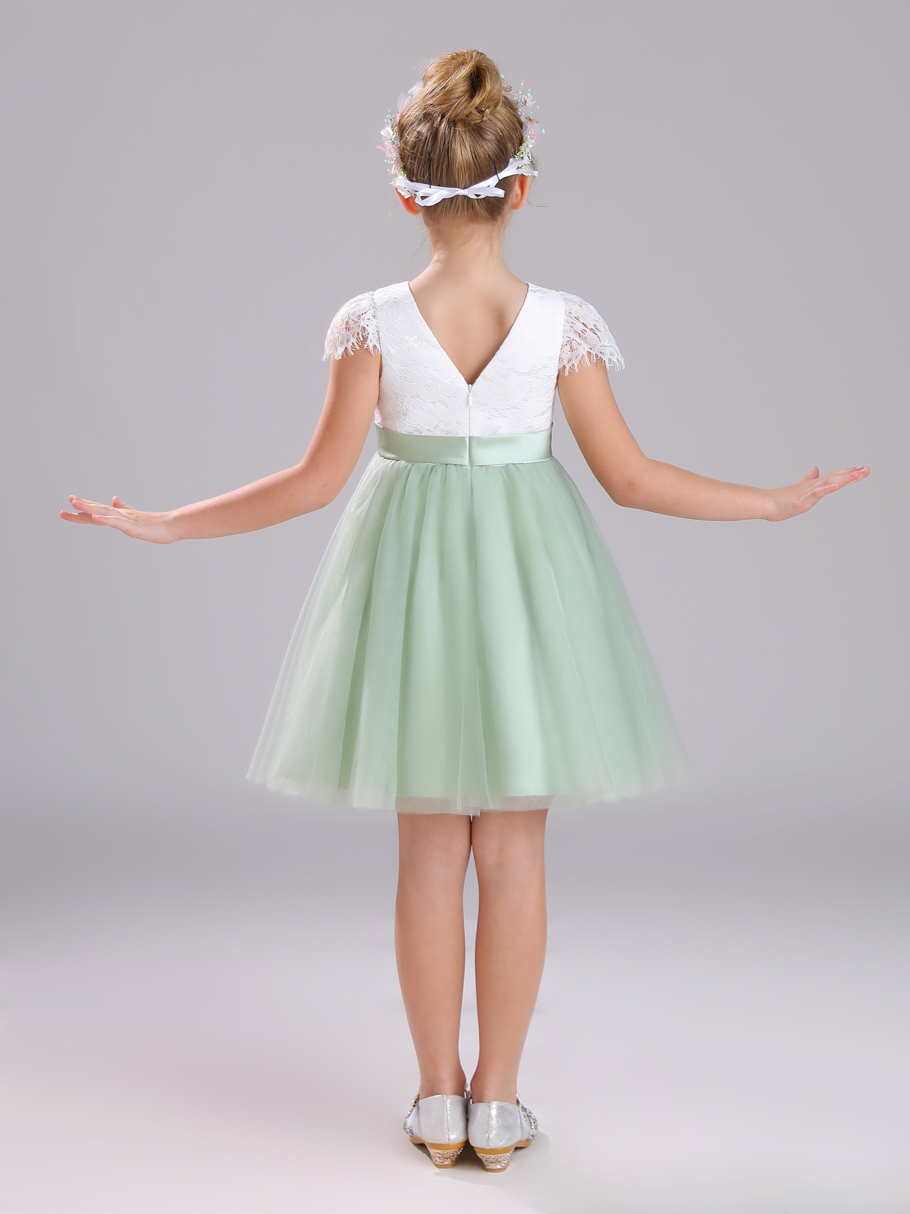 Col Bateau Mancherons Satin&Tulle&Dentelle Courte Robe Fille