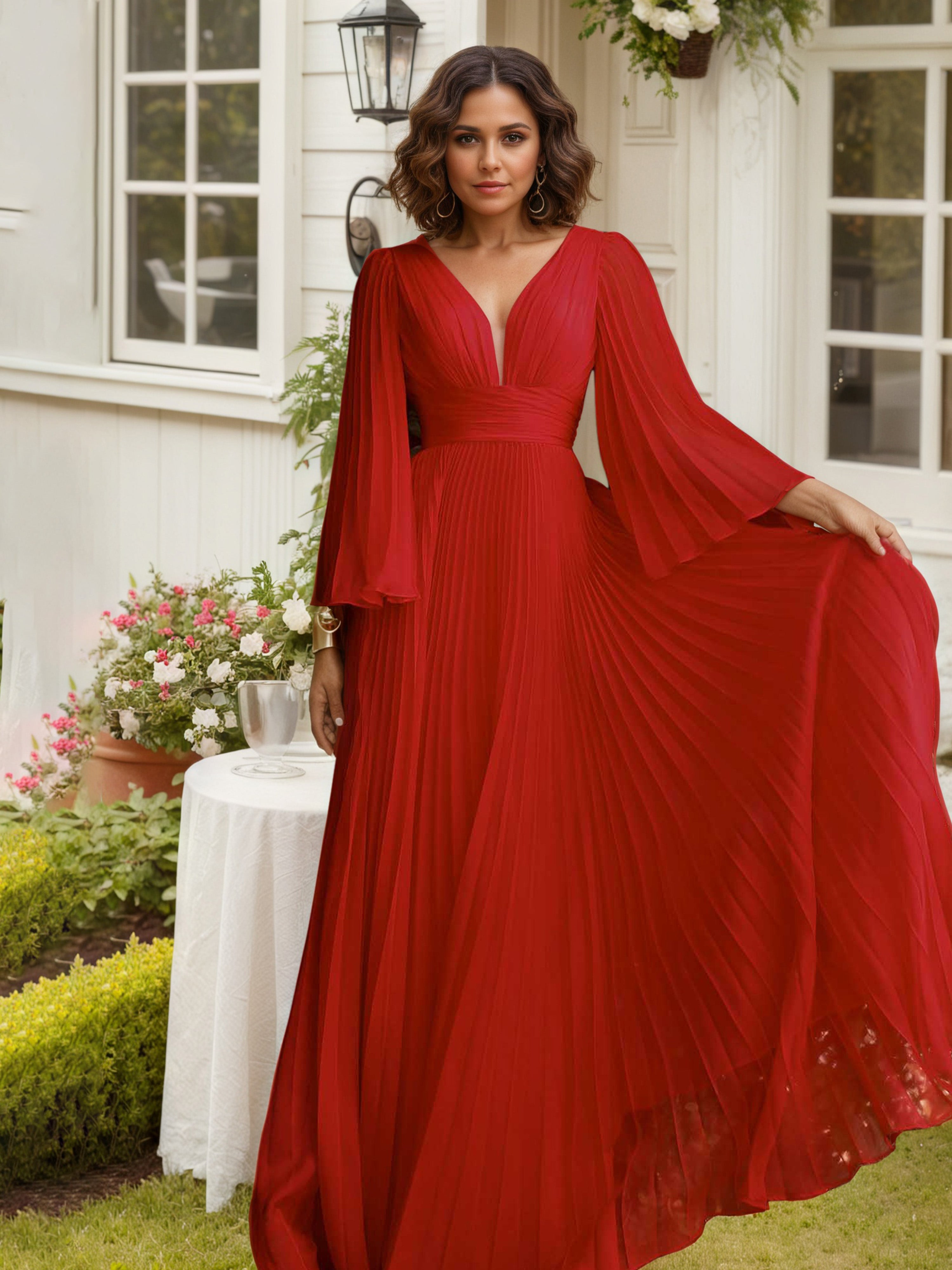 Robe de Soirée Longue Plissée Rouge Col V Robe Mousseline Trapèze Manches Longue