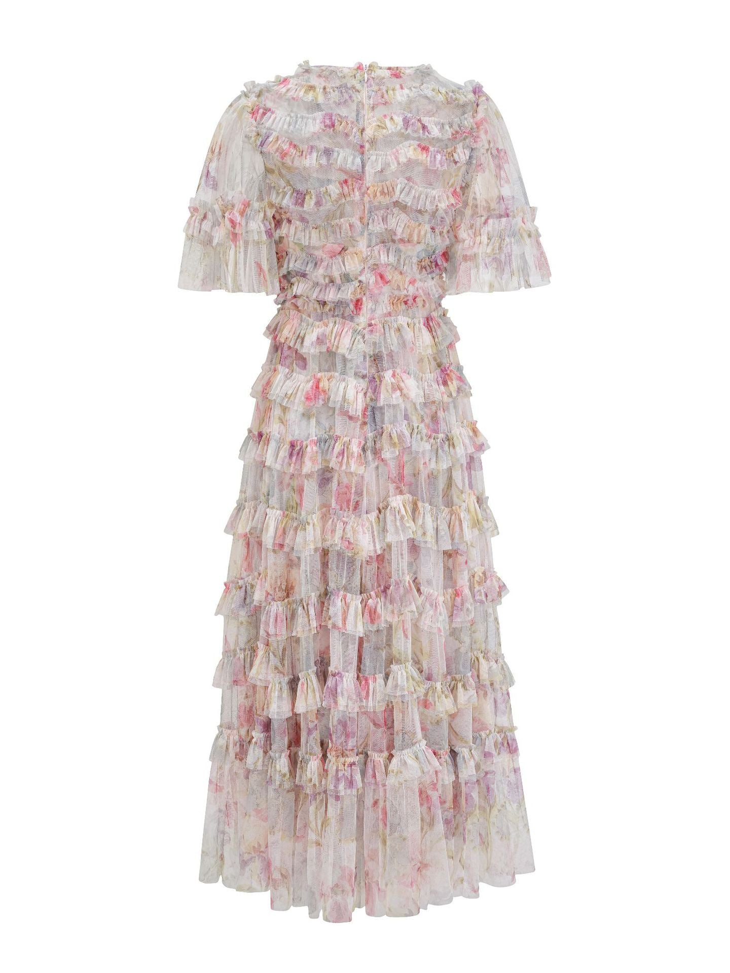 Robe Trapèze Col Rond à Volants Manches Courtes Robe de Soirée en Rose