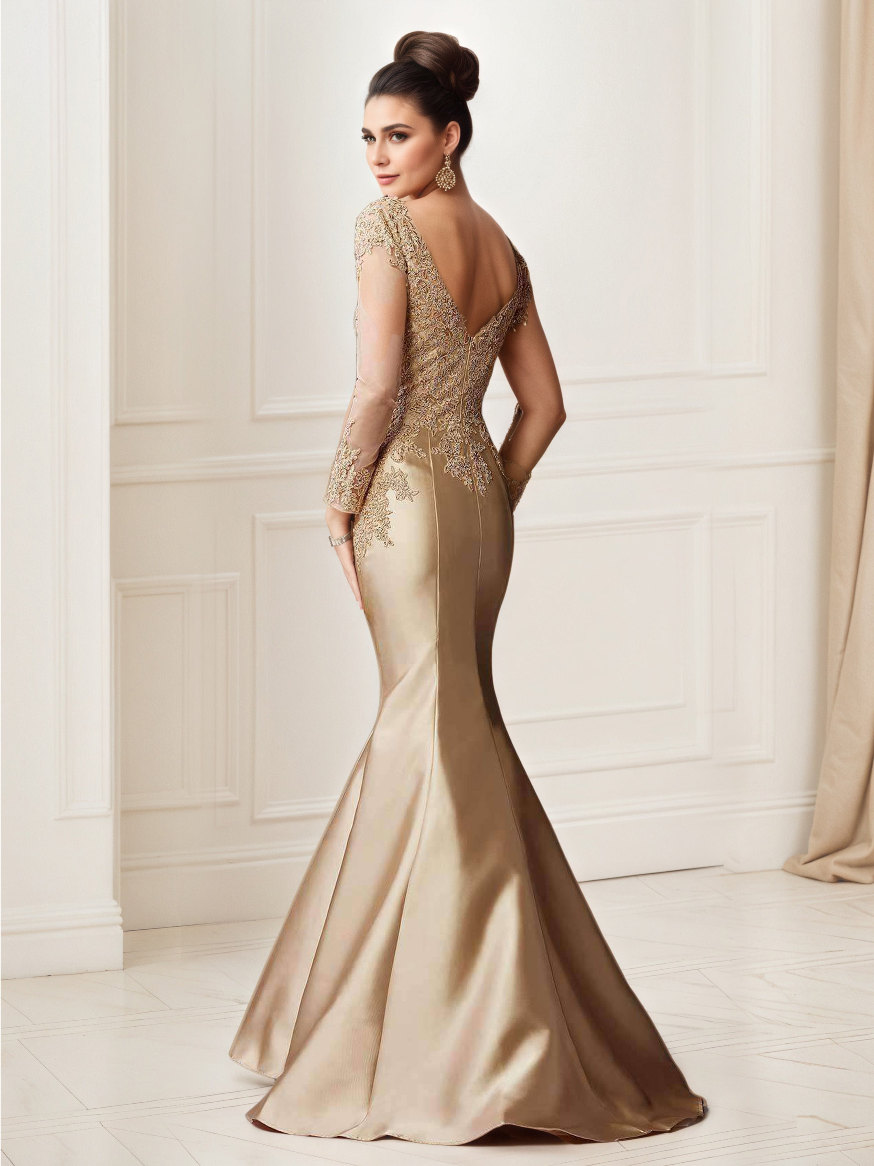 Robe de Soirée Or Col V Trompette/Sirène à Manches Courtes