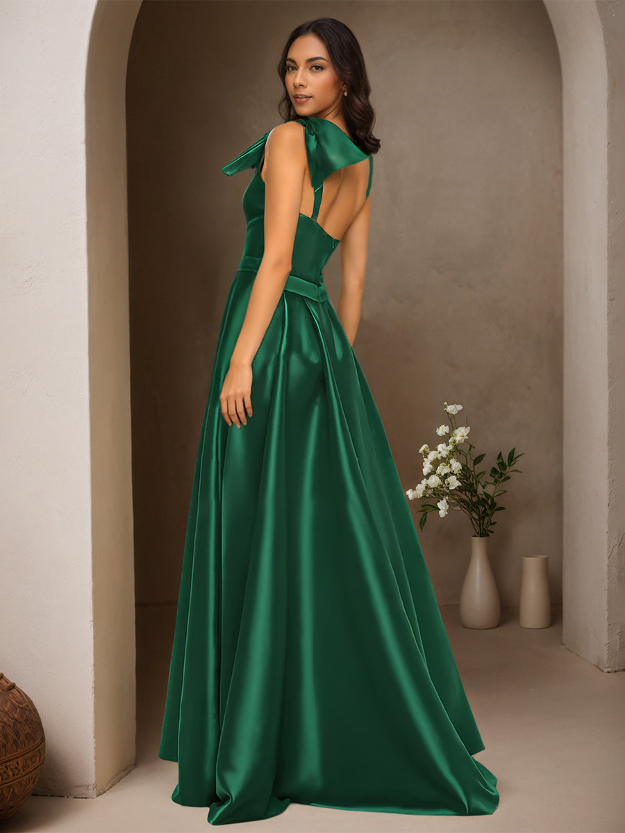 Cicinia Vert Foncé Robe de Soirée Longue en Satin A-Line Une Épaule Longueur Sol avec Nœud Papillon Encolure Asymétrique