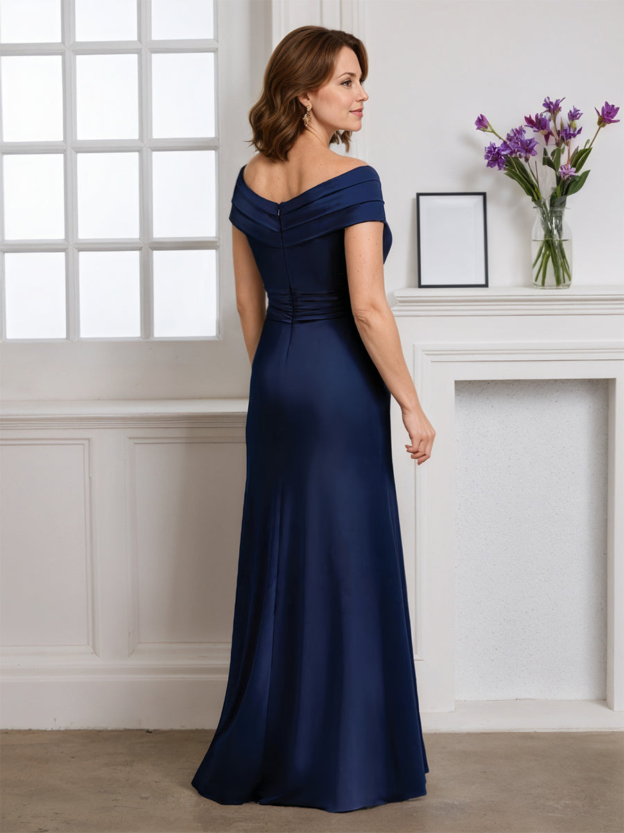 Cicinia Bleu Marine Foncé Robe pour Mère de la Mariée Longue Fourreau Manches Capelines Décolleté en V Chic