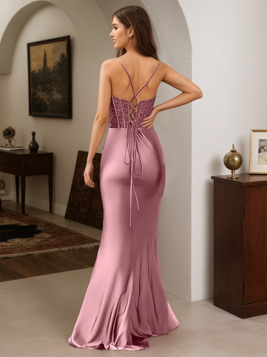 Cicinia Robe de Soirée Camé Marron Longue Fourreau à Bretelles Spaghetti Décolleté en V Fente Dentelle
