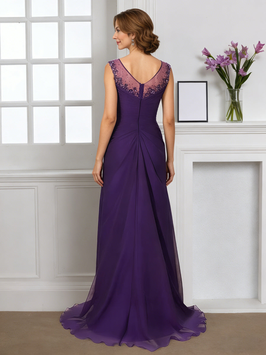 Cicinia Raisin Robe pour Mère de la Mariée Longue Fourreau en Mousseline Perlé à Plis