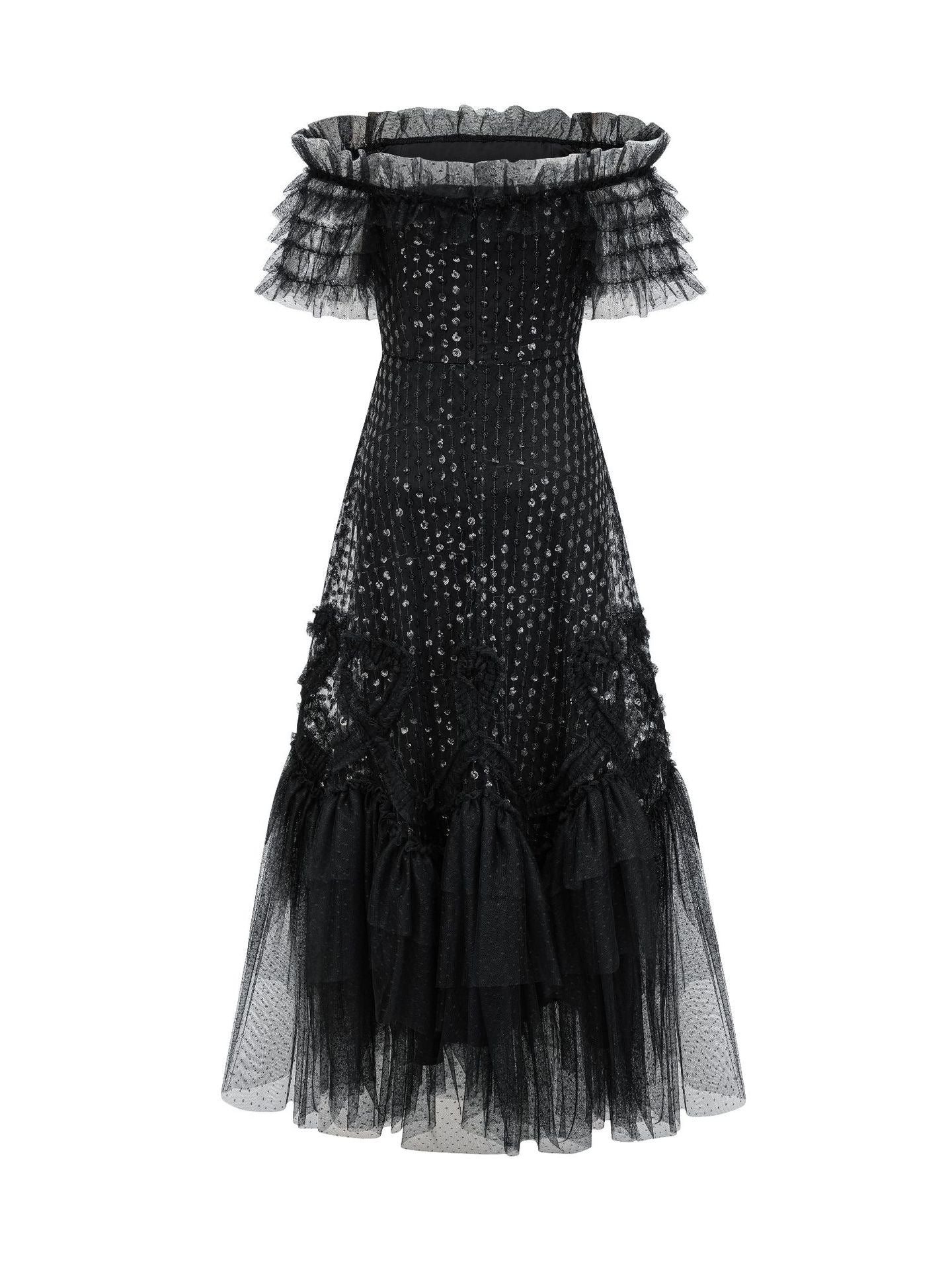 Robe Paillettes Trapèze Épaule Dénudée Manches Courtes Robe de Soirée en Noir