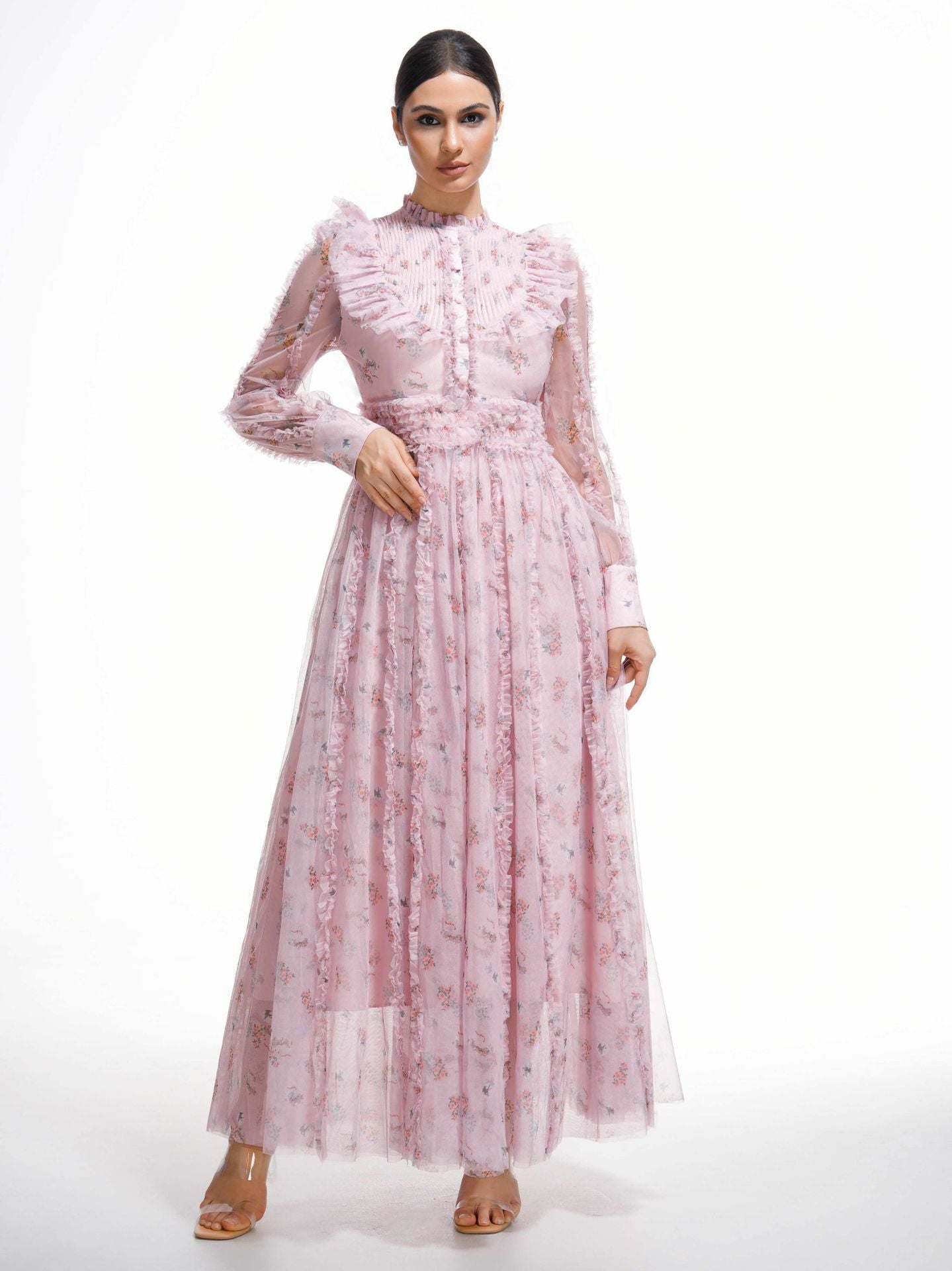 Robe Longue Trapèze Col Rond Manches Longues Robe de Soirée en Rose