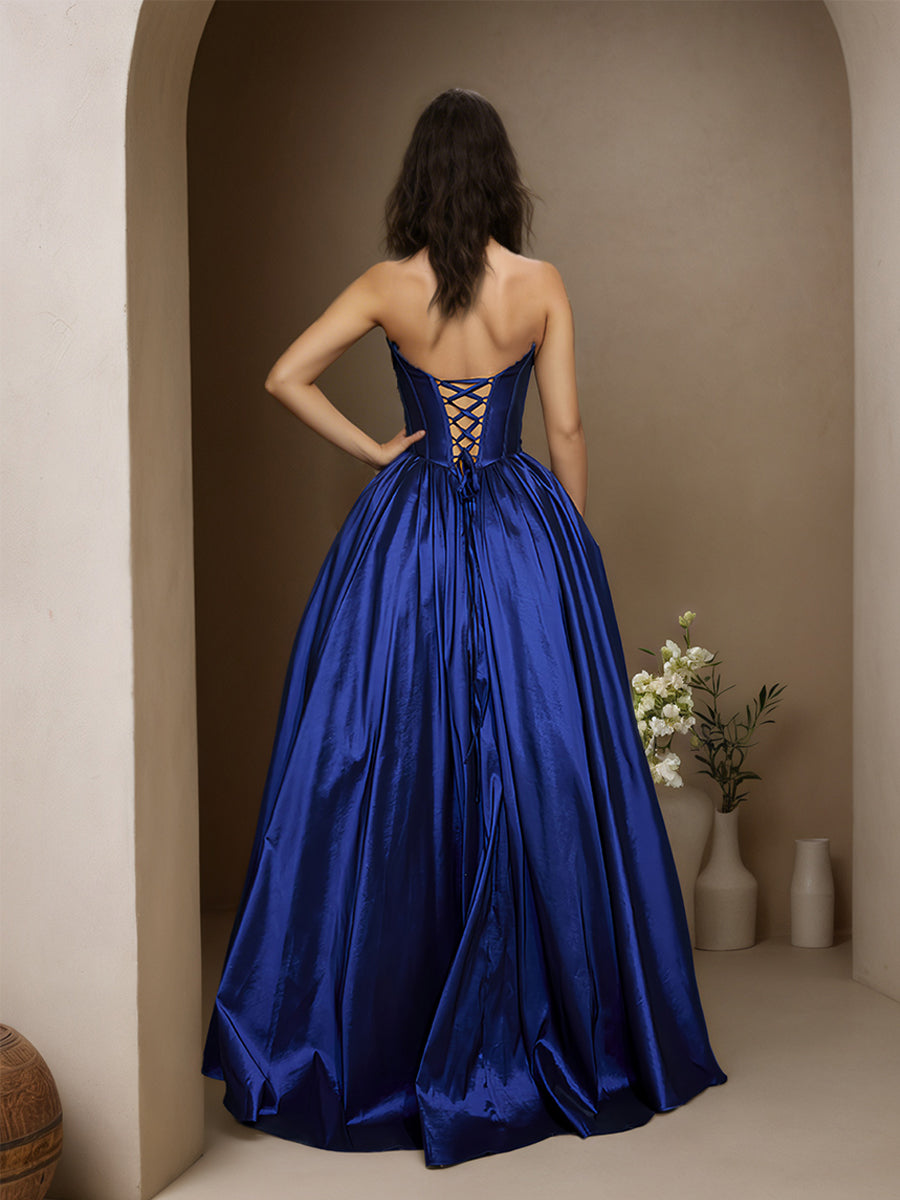 Cicinia Bleu Royal Robe de Soirée avec Poches Longue en Taffetas A-Line sans Bretelles Longueur Sol
