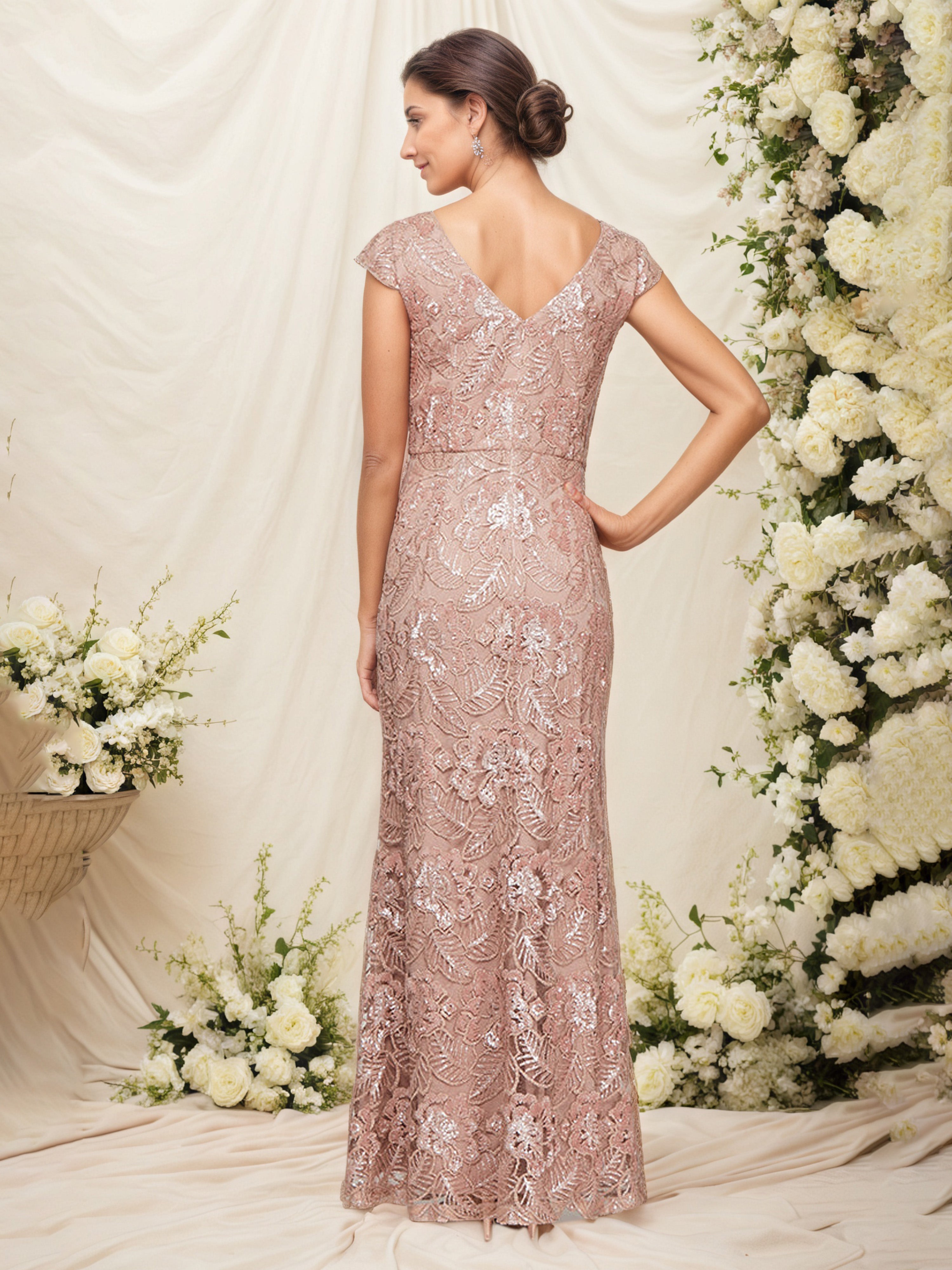 Robe Mère de la Mariée OR_ROSE Fourreau/Colonne Col ras du cou Manchette Robe Longue Brodée