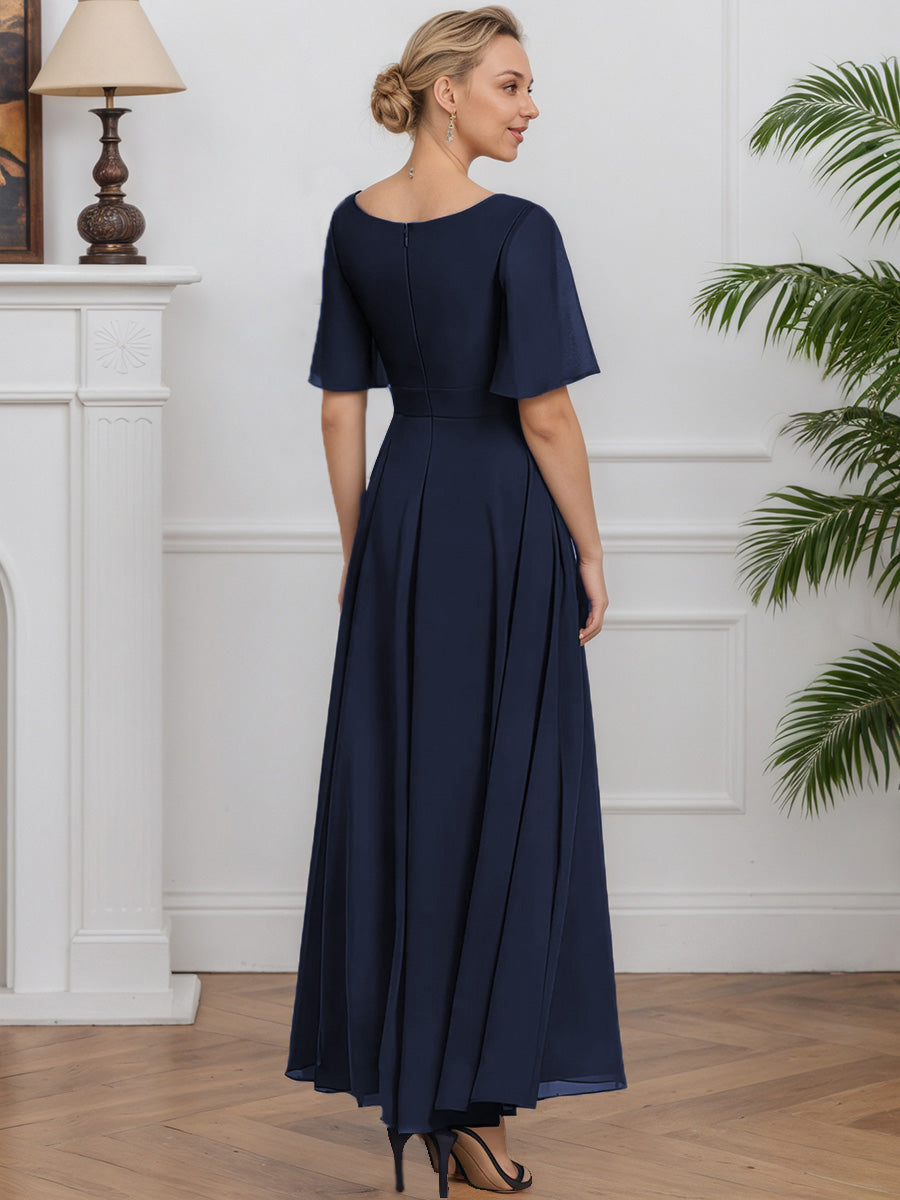 Cicinia Bleu Marine Foncé Robe pour Mère de la Mariée Longue en Mousseline A-Line Décolleté en V Manches Demi-longues