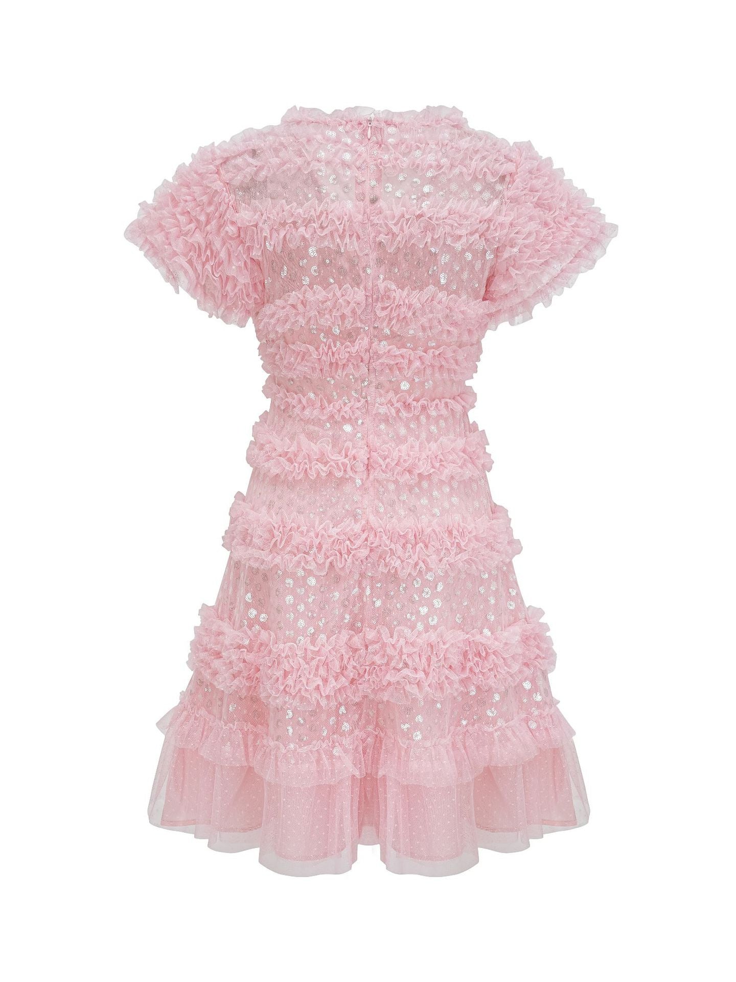 Robe Courte Paillettes Trapèze Col V Manches Courtes Robe de Soirée en Rose