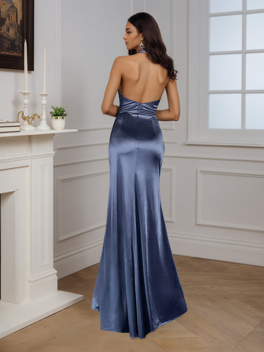 Cicinia Robe de Soirée Orageux Longue Fourreau Licou Dos Nud Traîne Balayée Épurée