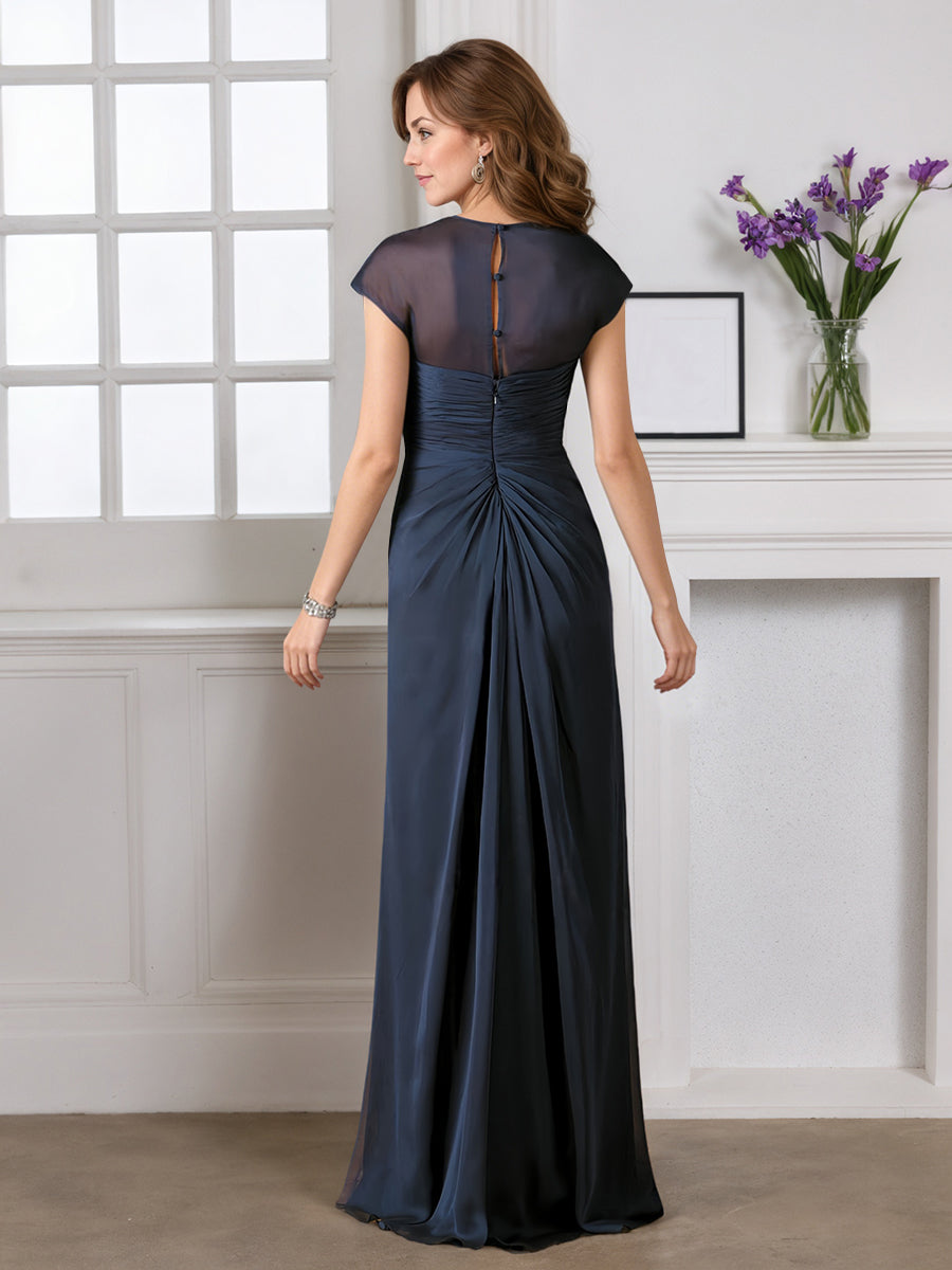 Cicinia Bleu Marine Foncé Robe pour Mère de la Mariée Longue Fourreau en Mousseline Perlé Manches Capelines Longueur Sol