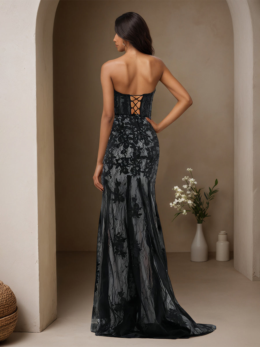 Cicinia Noir Robe de Soirée Longue en Dentelle Fourreau Fente Décolleté Cœur Traîne Balayée