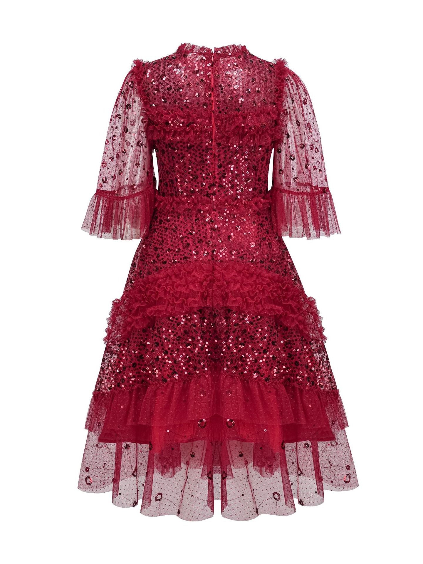 Robe Courte Trapèze Col Rond Paillettes Manches 3/4 Robe de Soirée en Rouge