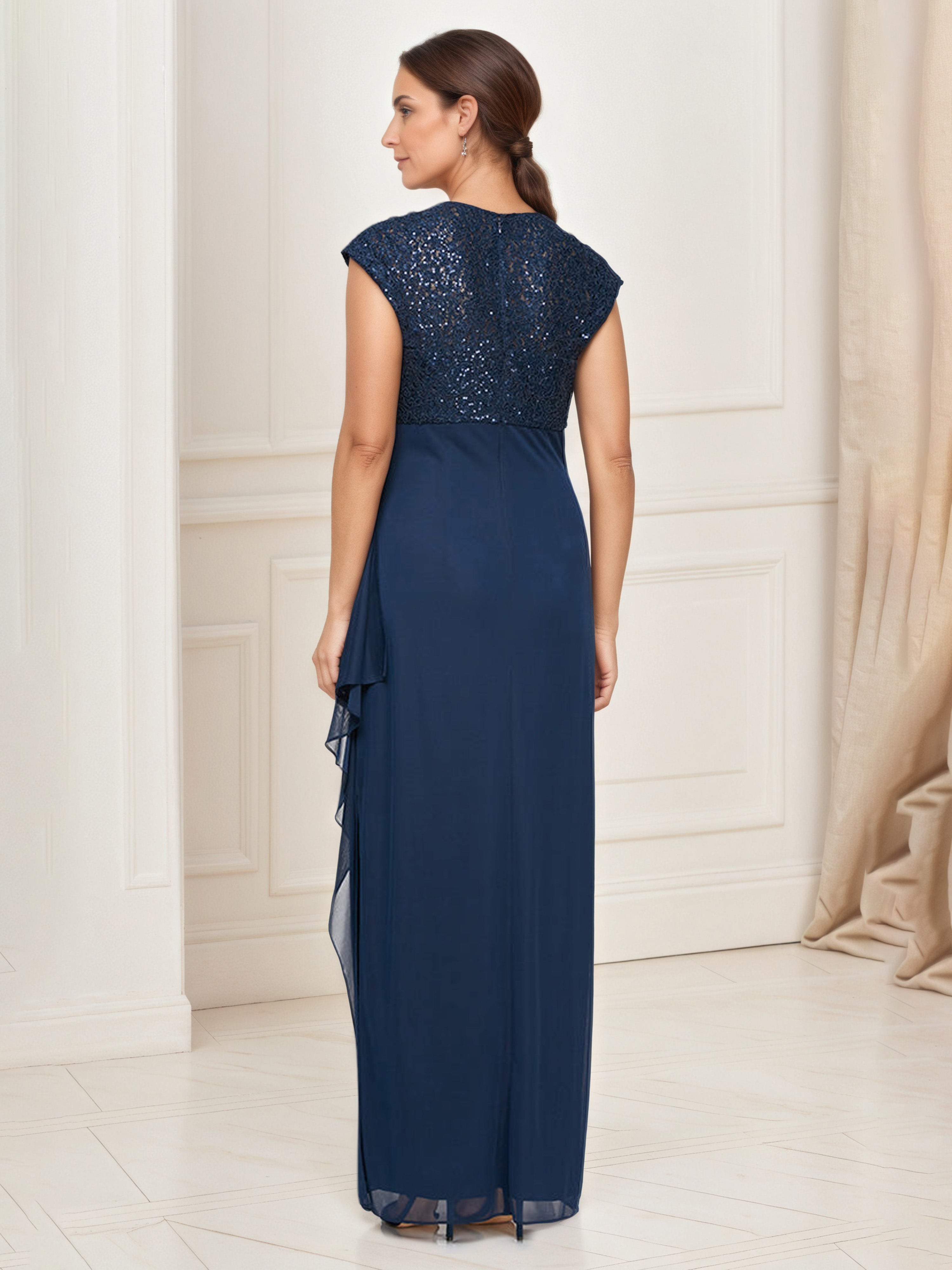 Robe Mere dela Mariee BLEU_MARINE Col V Robe Taille Empire Fendue Manchette