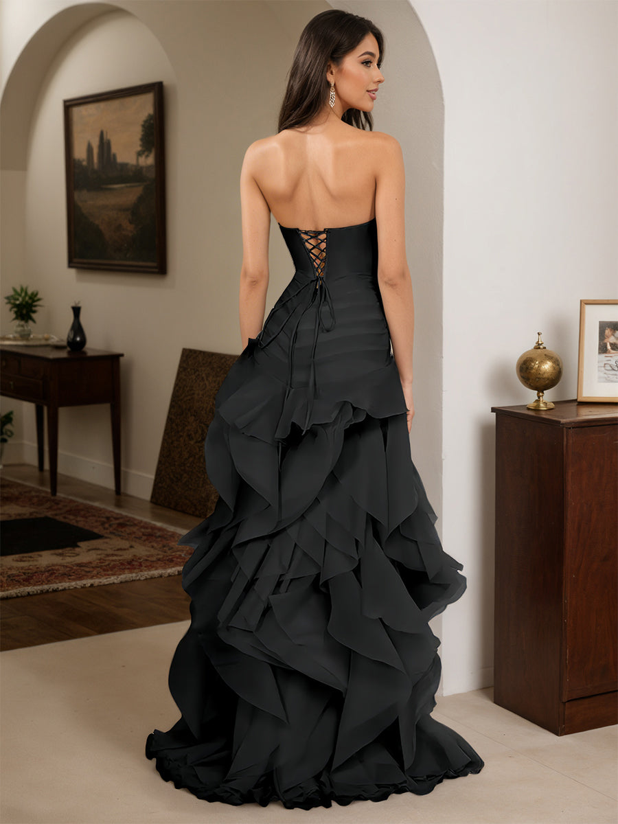 Cicinia Noir Robe de Soirée Longue Fourreau en Tulle à Volants sans Bretelles avec Fleurs 3D