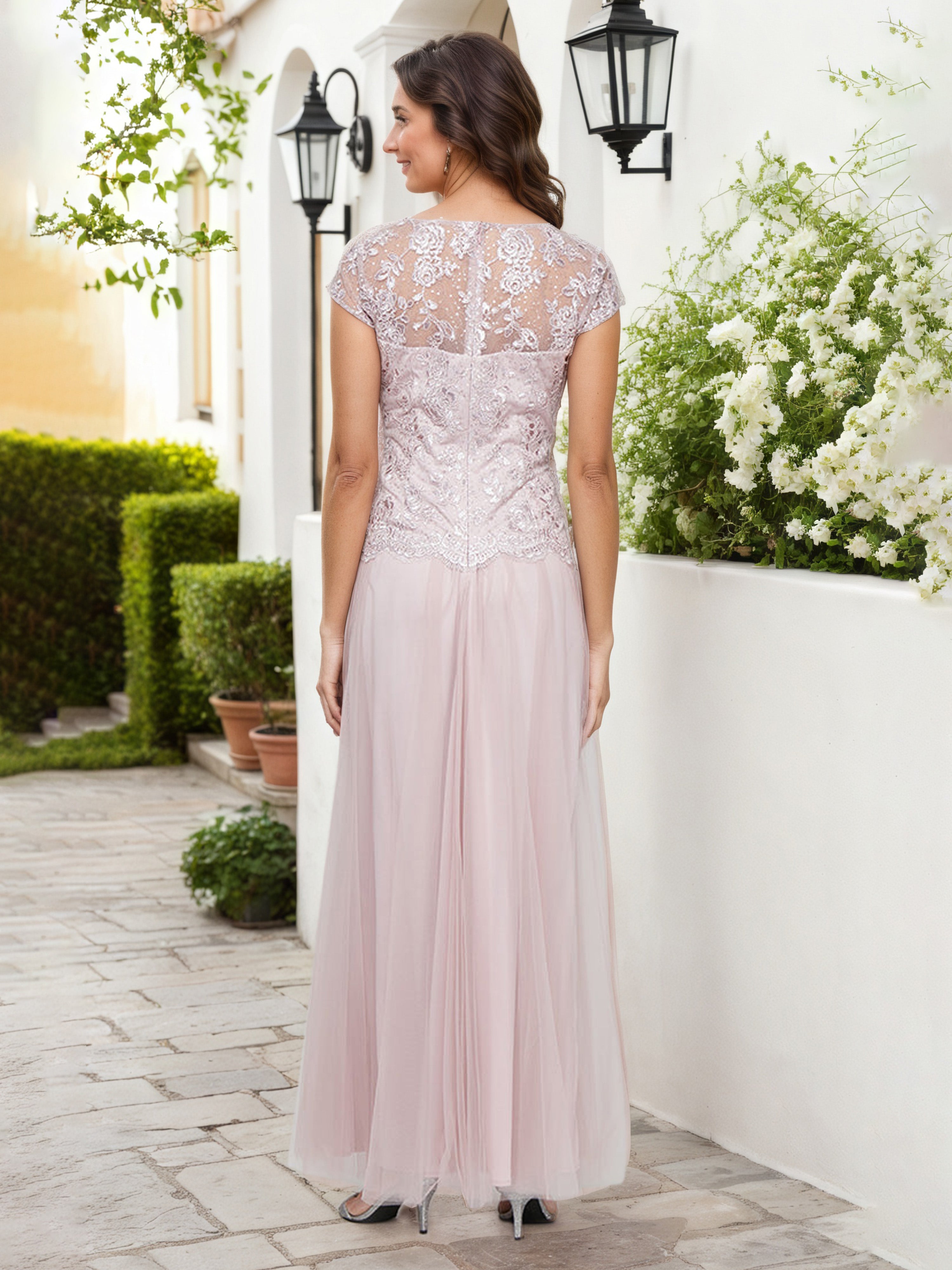 Robe Mere dela Mariee Rose Col V Robe Trapèze en Dentelle Manchette