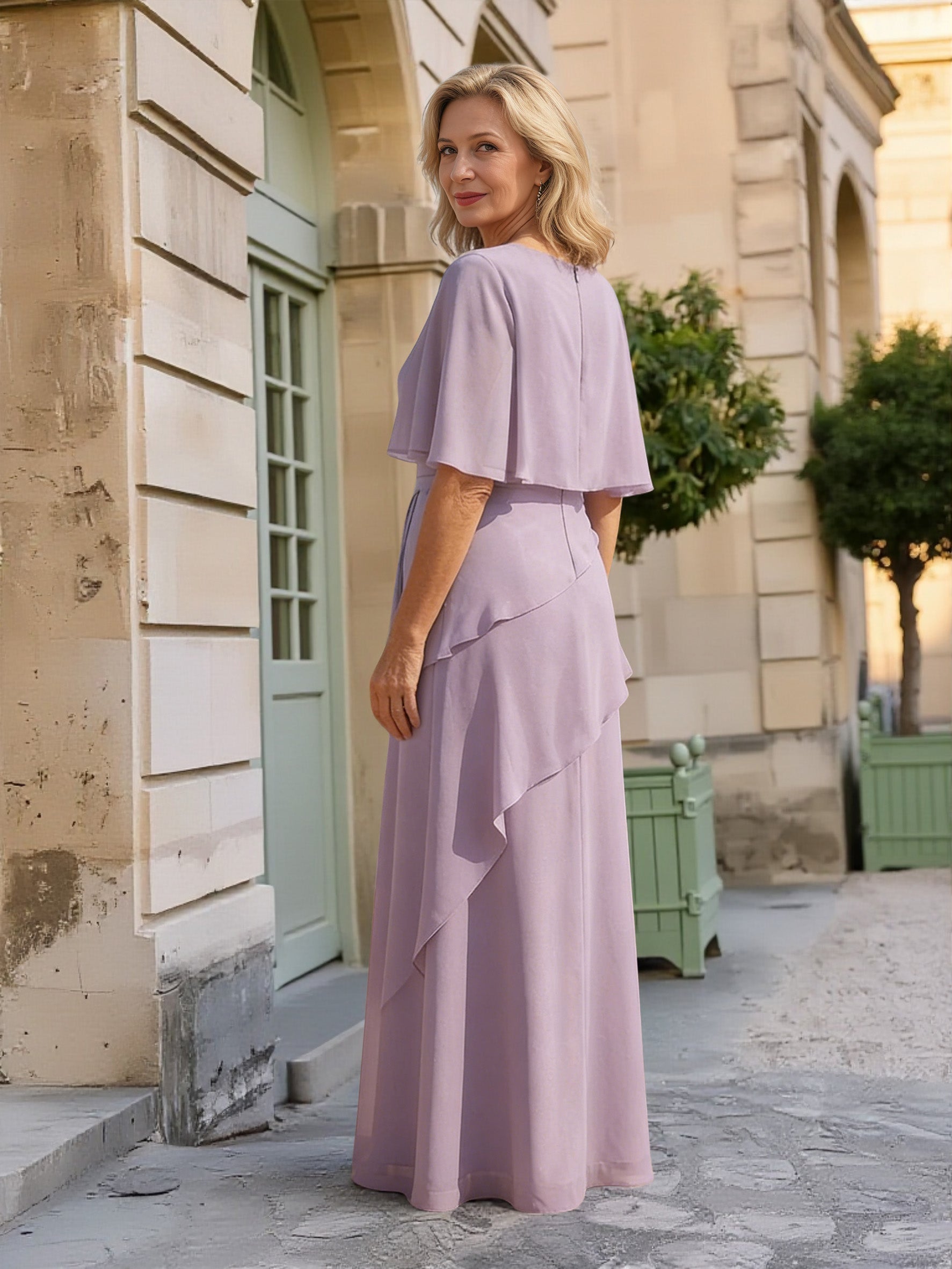 Cicinia Glycine Robe pour Mère de la Mariée Longue Fourreau en Mousseline à Volants Manches Cape Maxi